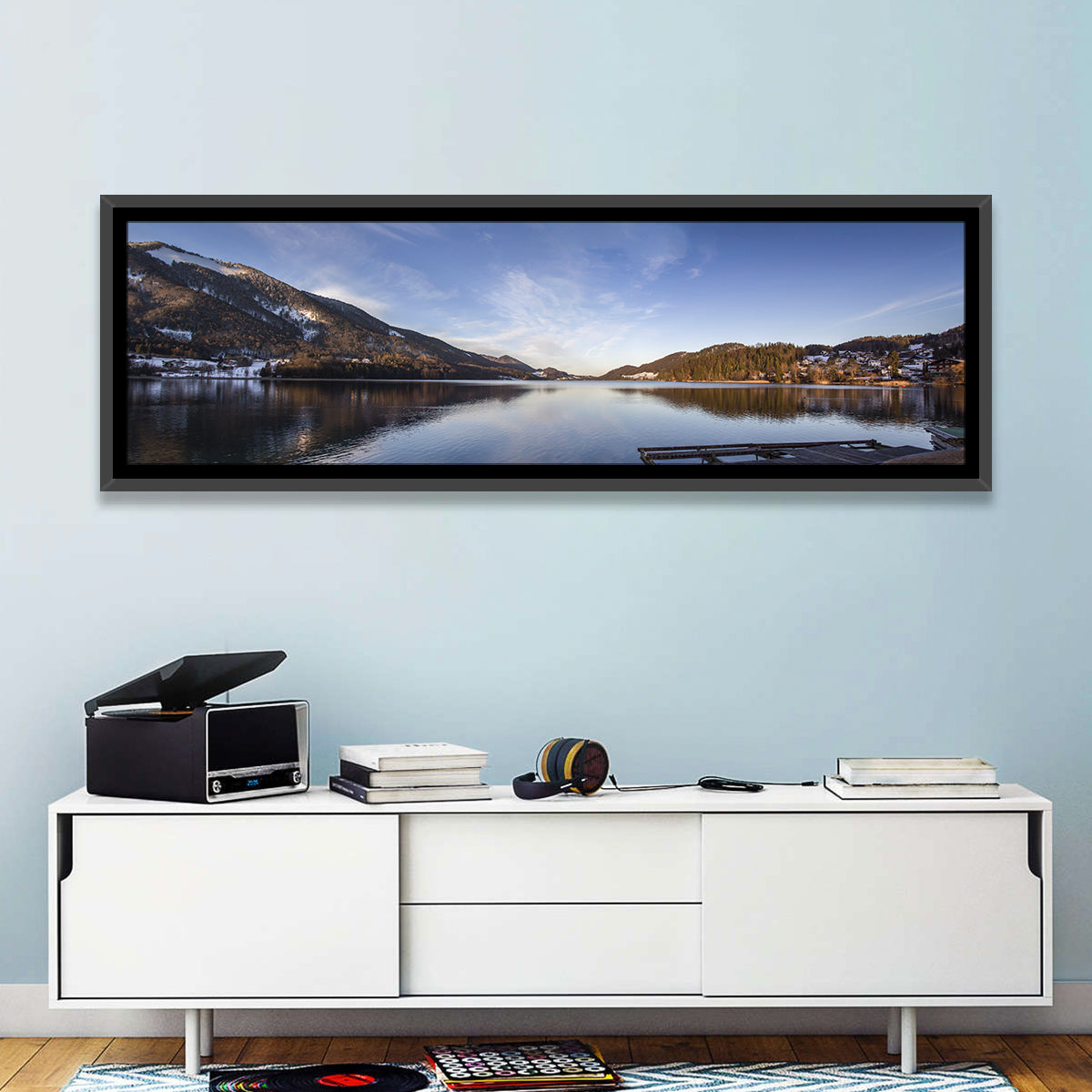 Fuschlsee Dock at Golden Hour Wall Art in a room, panoramic