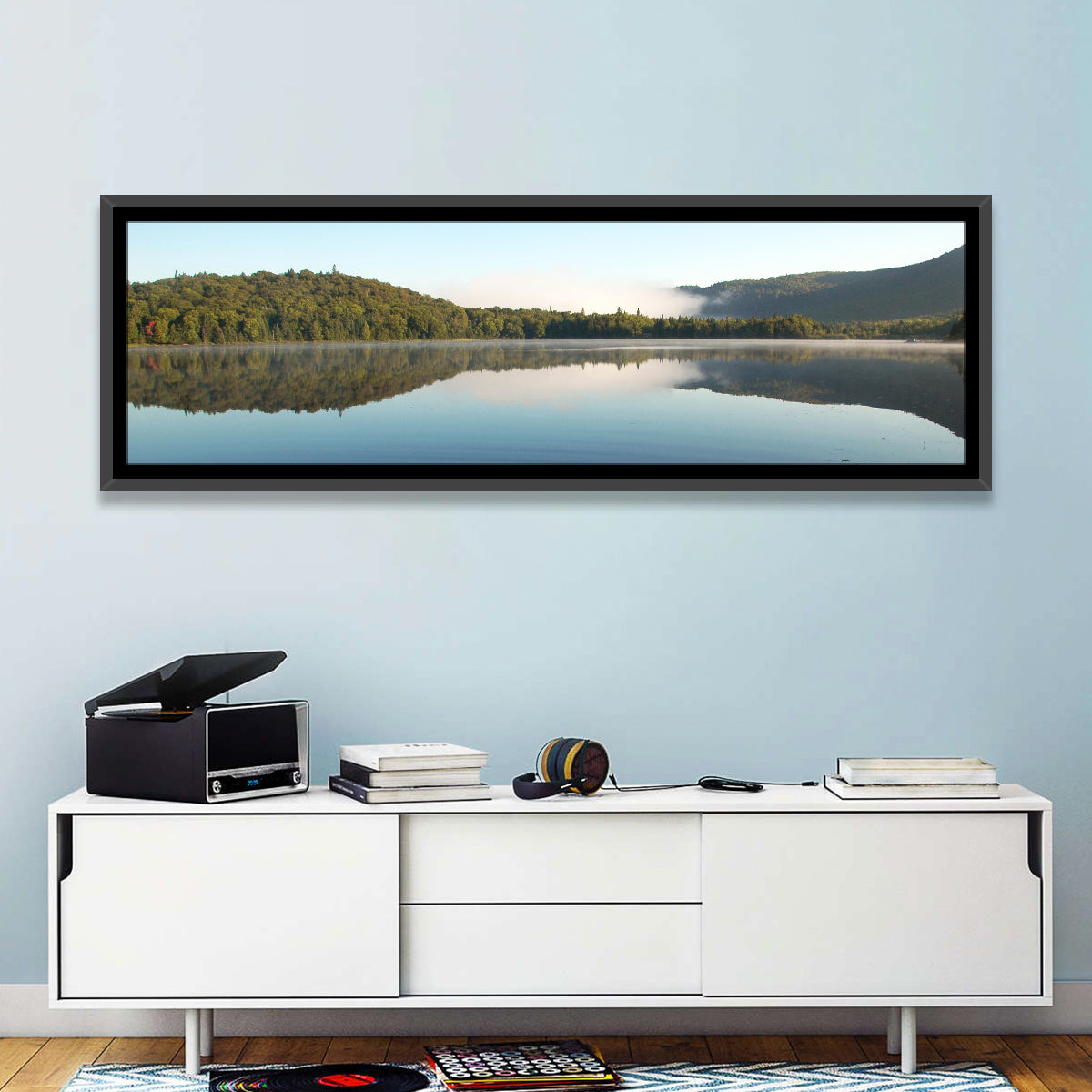 Lake Monroe Morning Reflection Wall Art in a room, panoramic