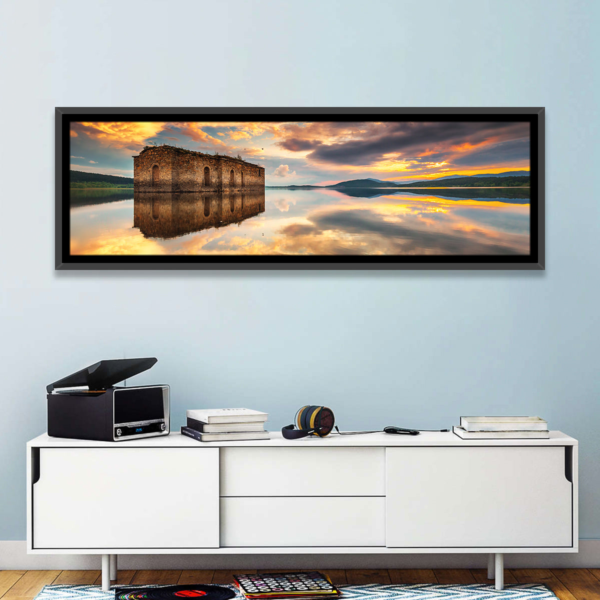 Sunken Church at Zhrebchevo Dam Wall Art in a room, panoramic