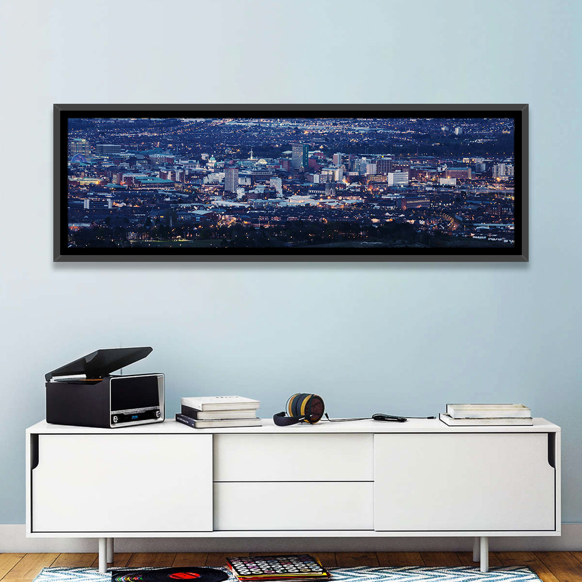 Belfast Blue Hour Skyline Wall Art in a room, panoramic