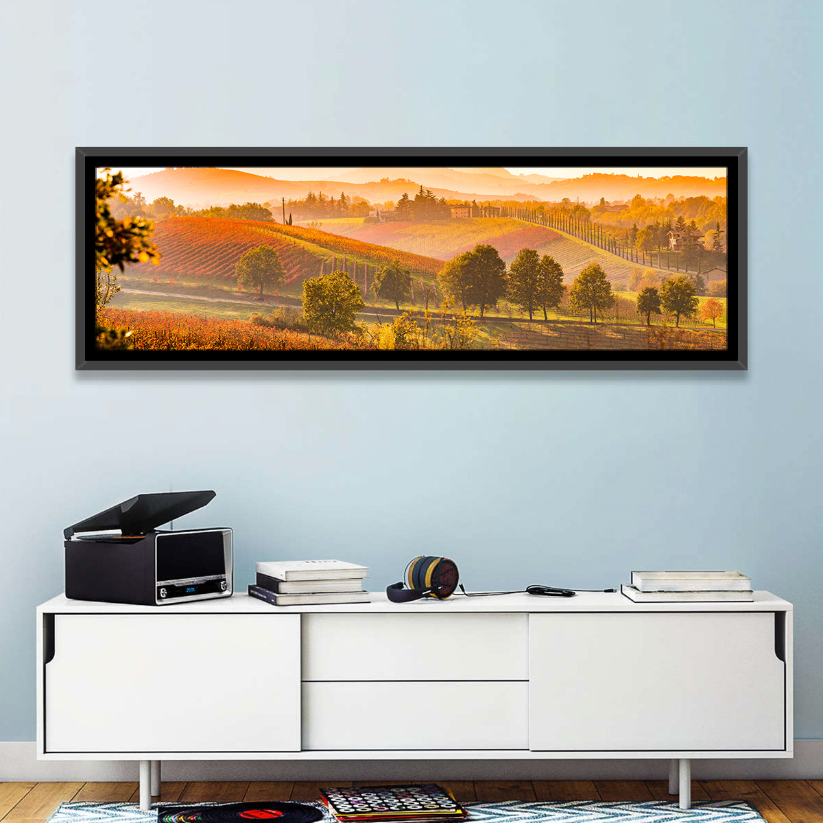 Golden Hour Vineyard Hills Wall Art in a room, panoramic