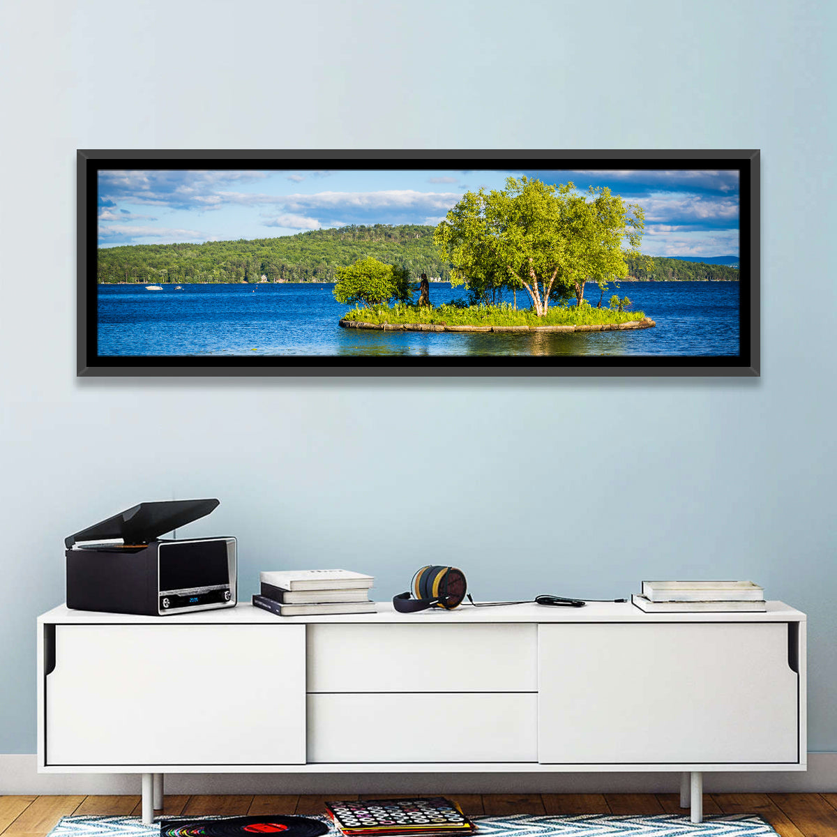 Lake Winnipesaukee Landscape Wall Art in a room, panoramic
