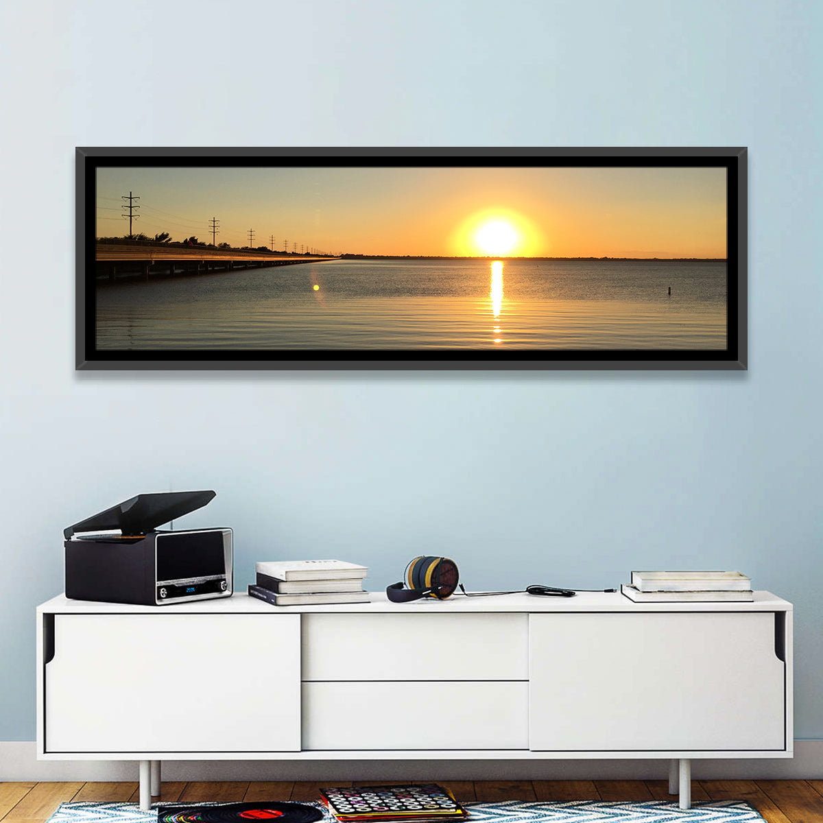Lake Ray Hubbard Sunset Reflection Wall Art in a room, panoramic