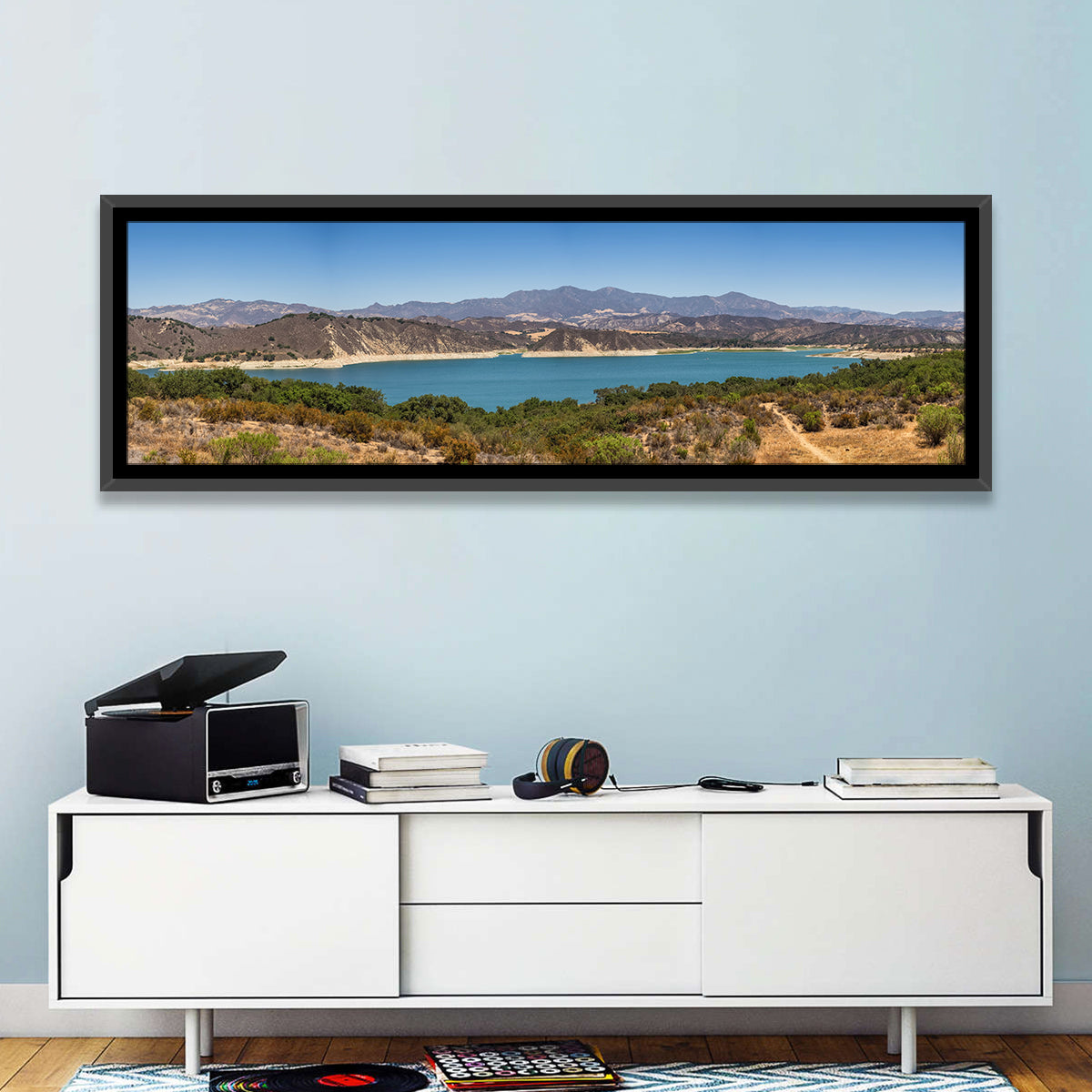 Lake Cachuma Wall Art in a room, panoramic