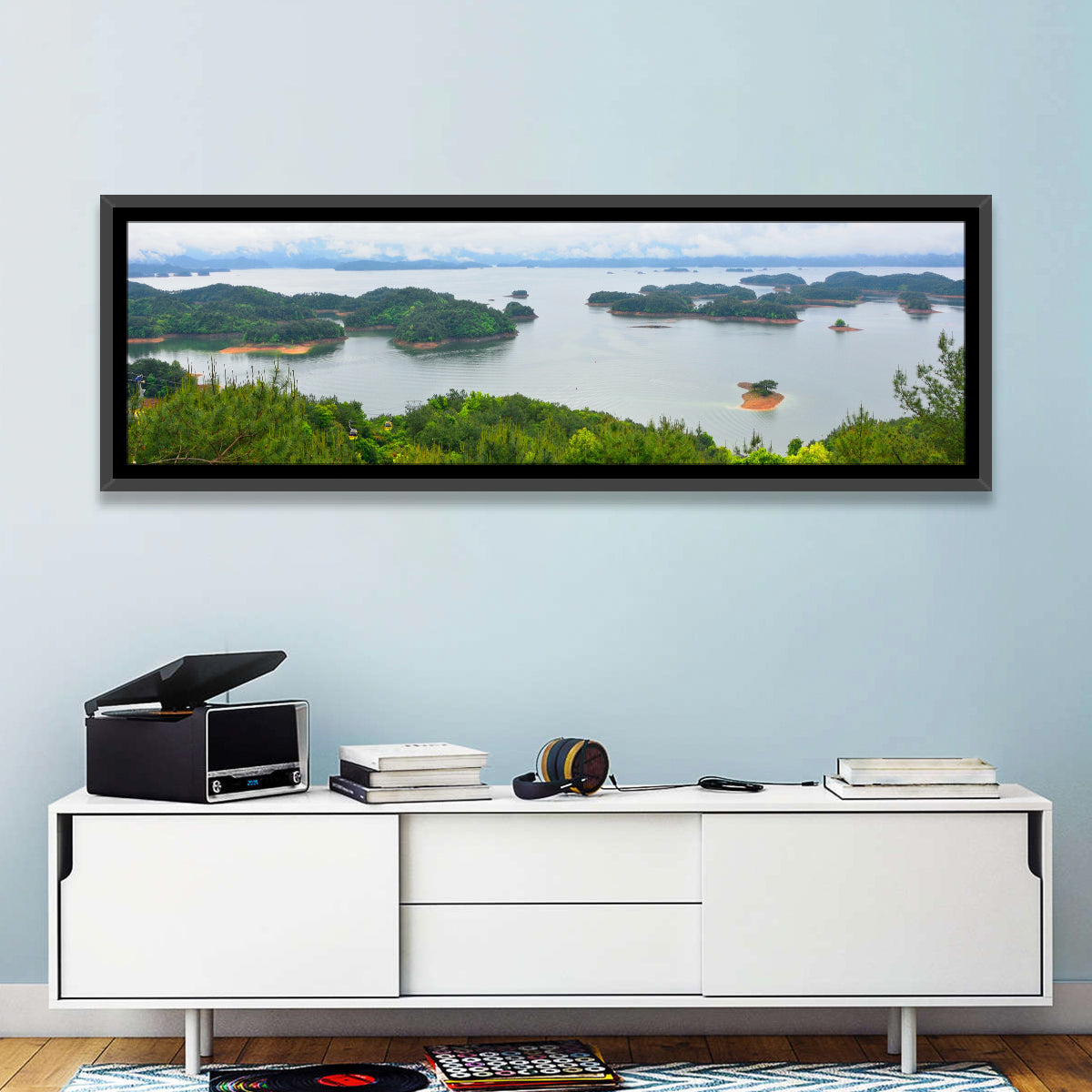 Qiandao Lake Islands View Wall Art in a room, panoramic