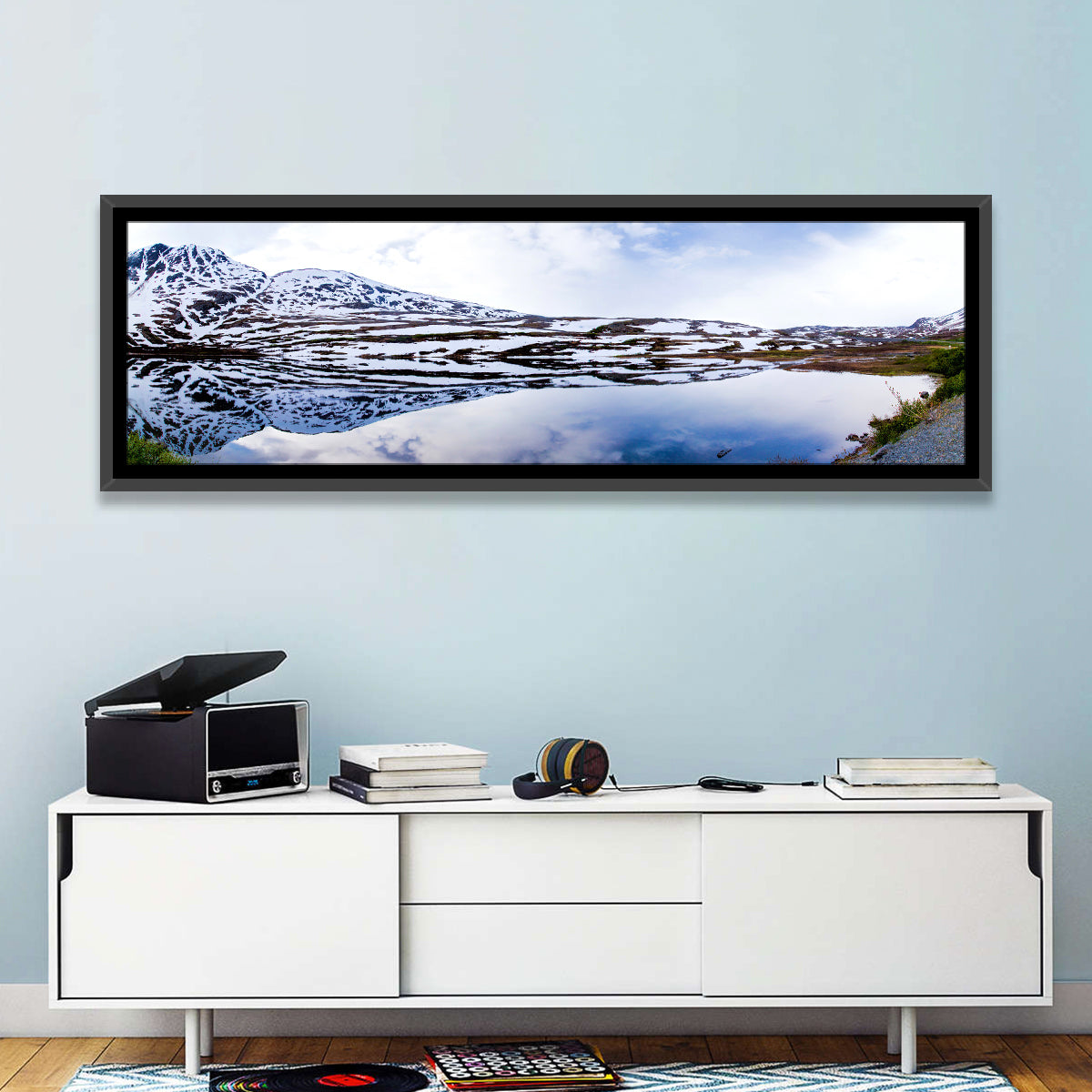 Alaskan Glacial Lake Wall Art in a room, panoramic