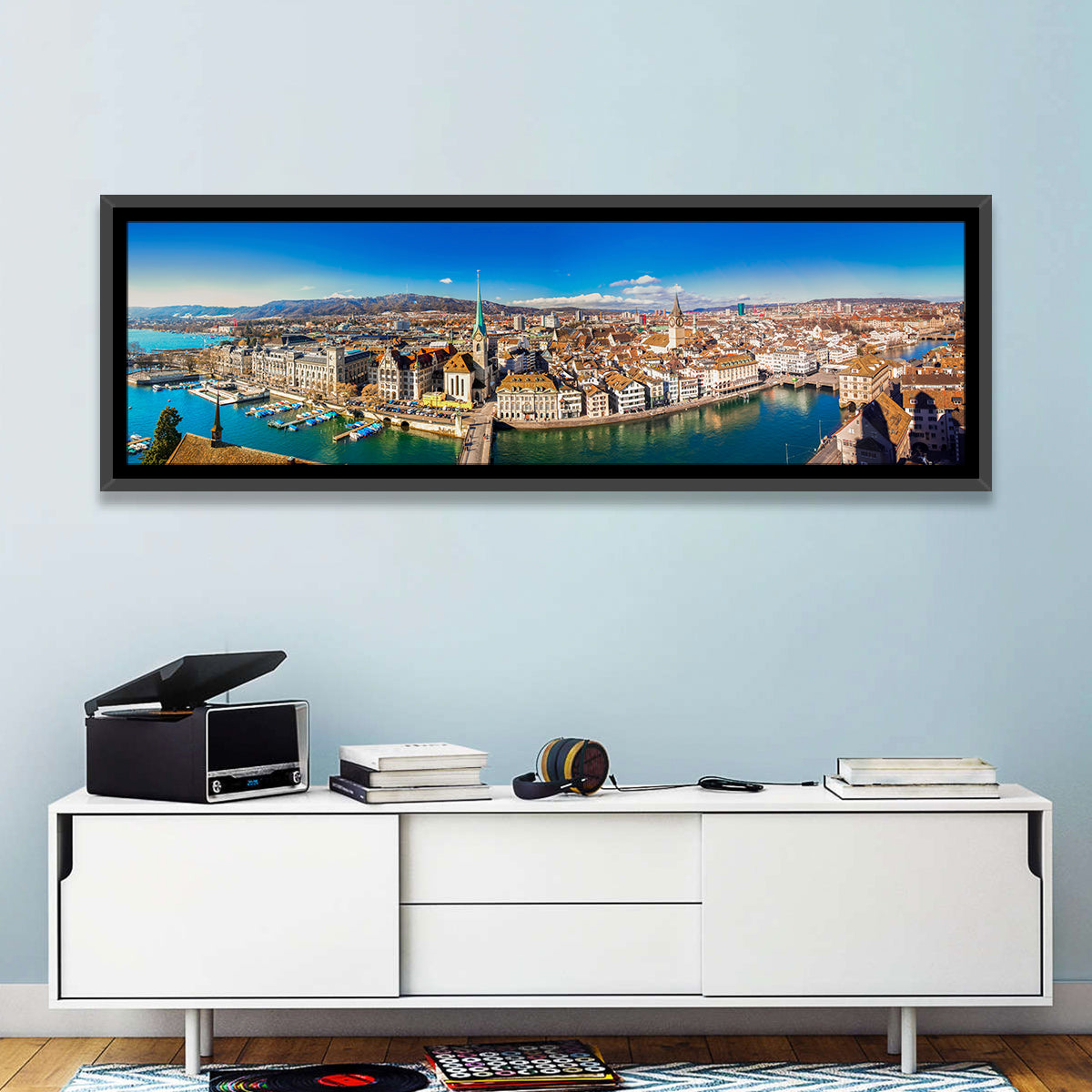 Zurich Cityscape Wall Art in a room, panoramic