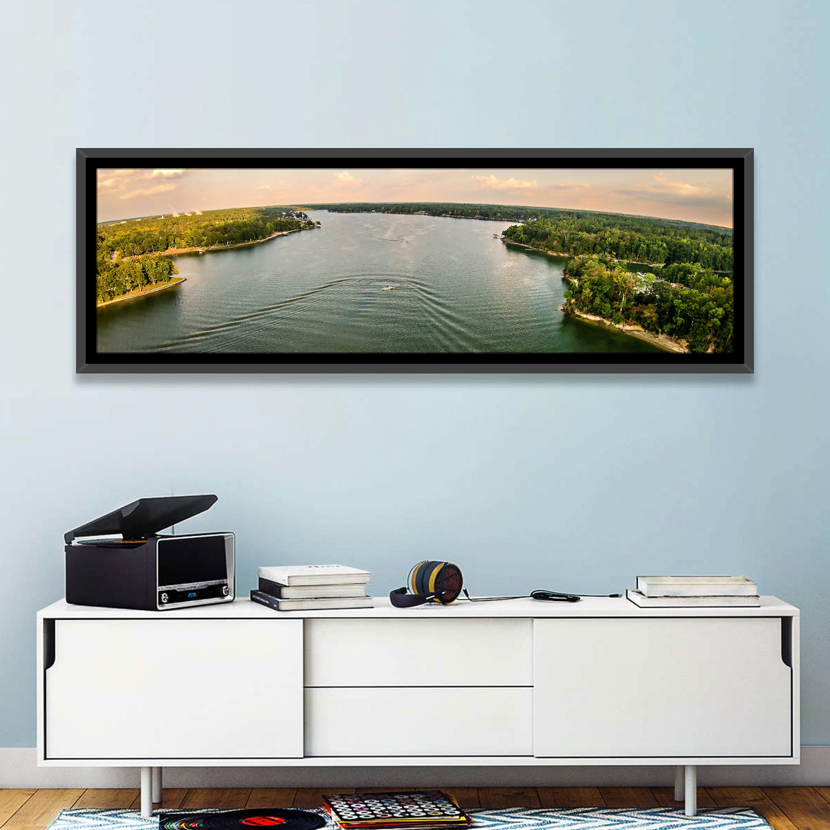 Lake Wylie Golden Hour Wall Art in a room, panoramic