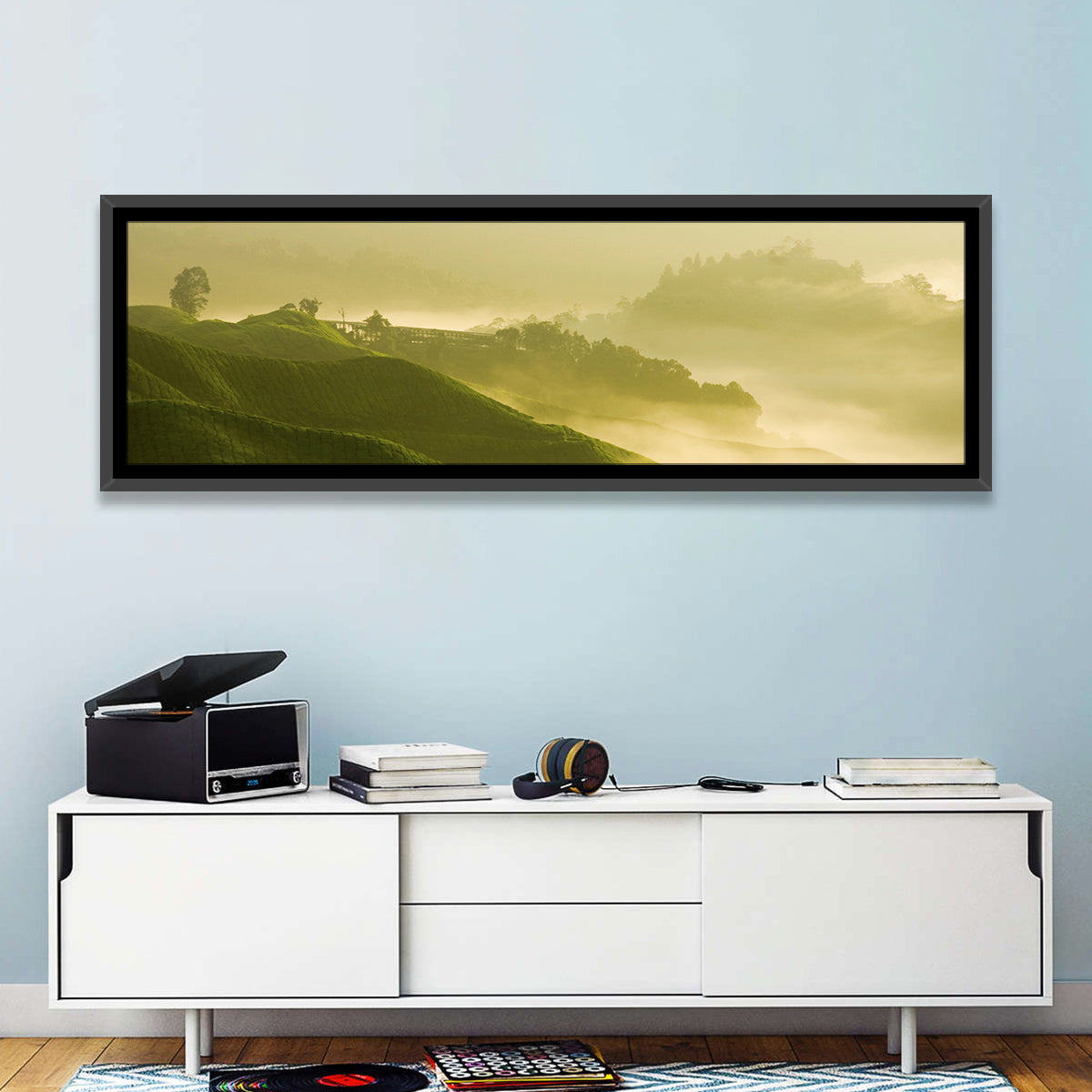 Tea Plantation Morning Mist Wall Art in a room, panoramic