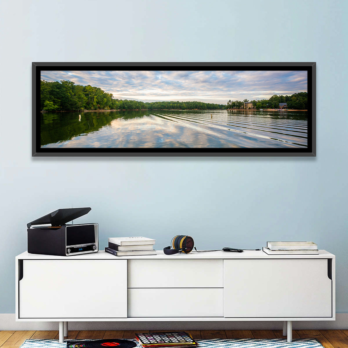 Cloudy Lake Norman Landscape Wall Art in a room, panoramic