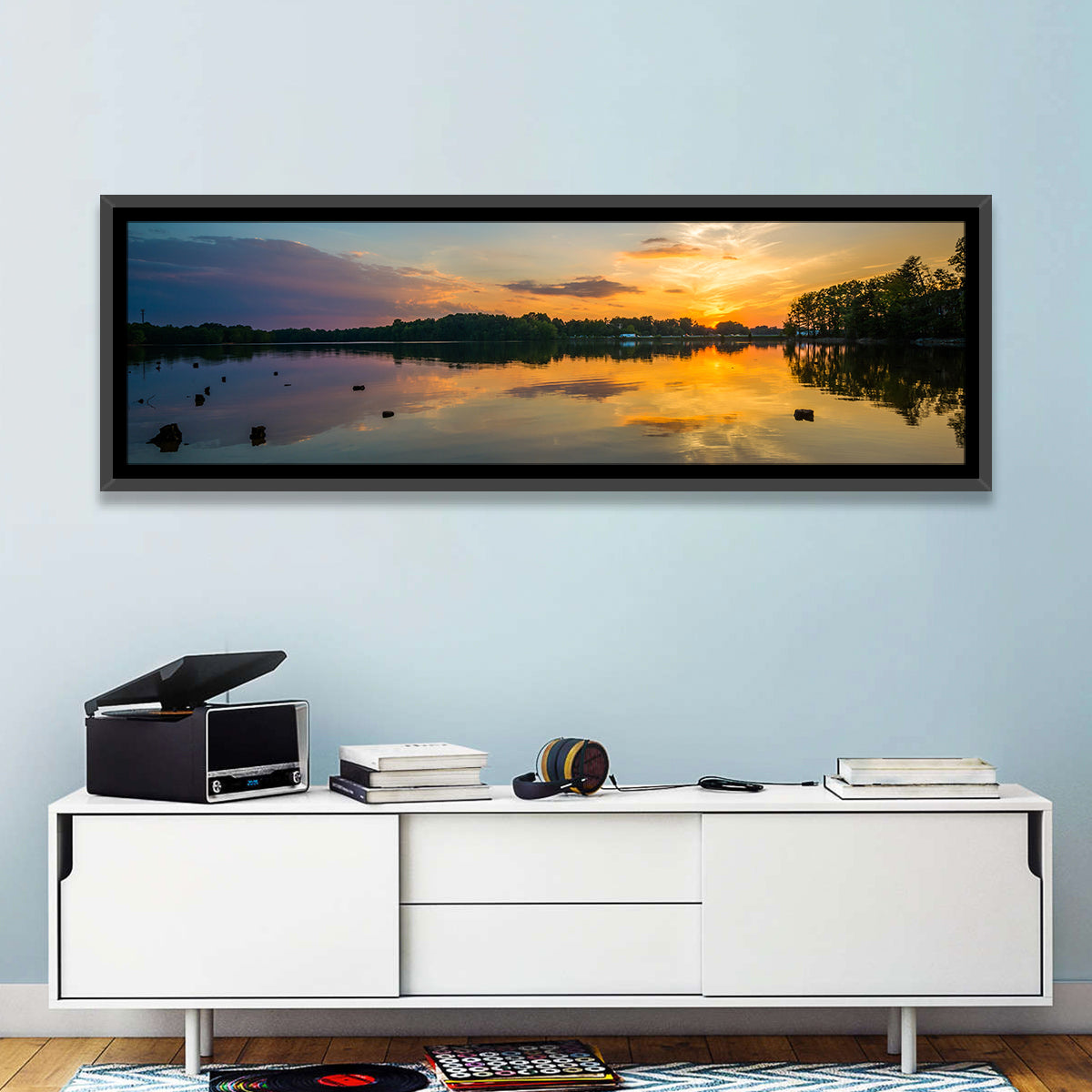 Lake Norman Sunset Reflection Wall Art in a room, panoramic