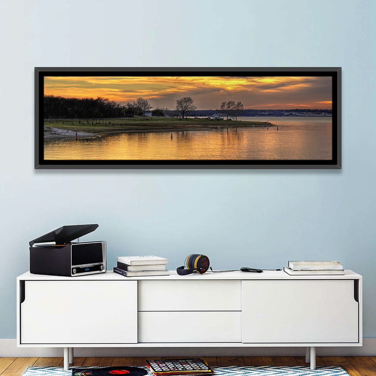 Lake Whitney Sunset Wall Art in a room, panoramic