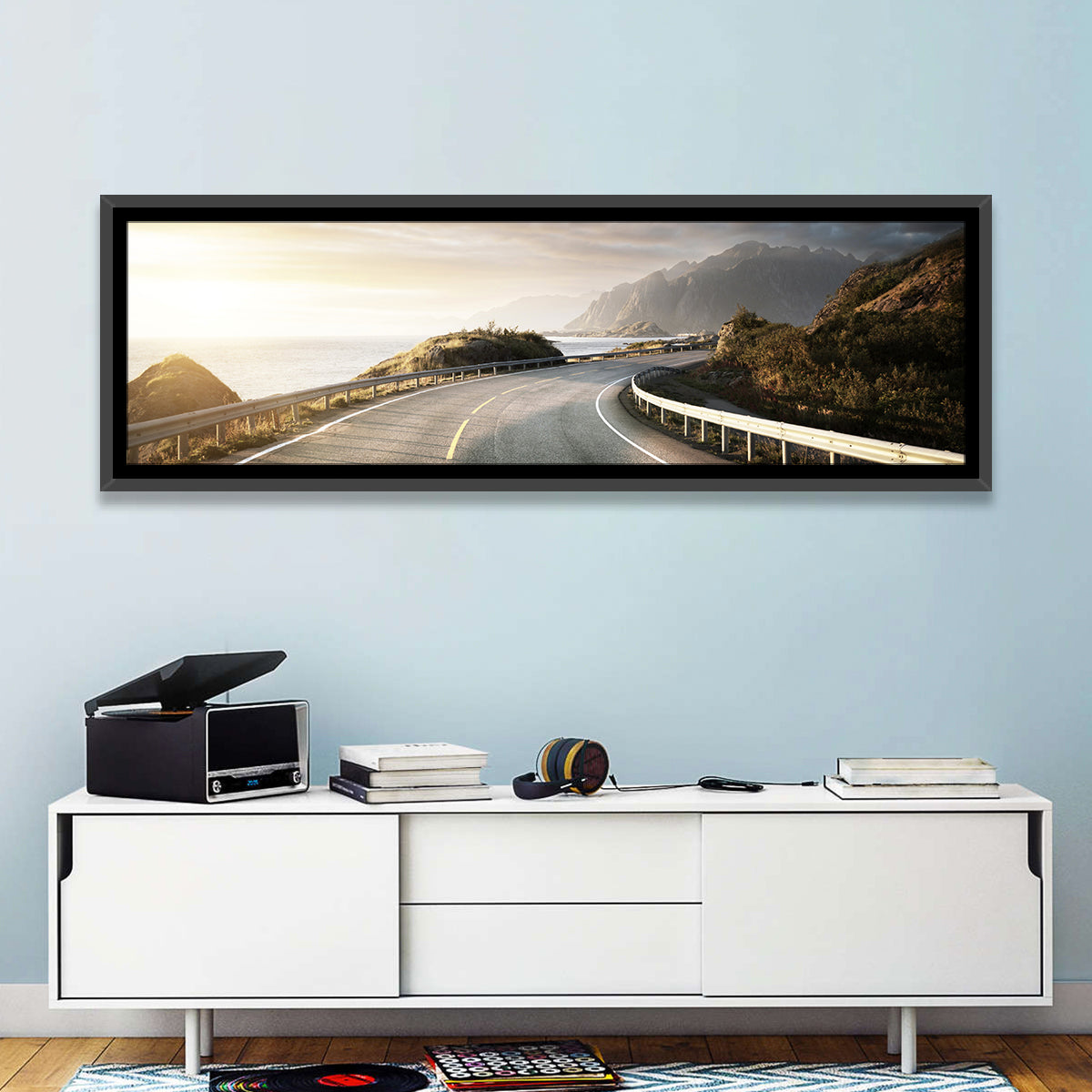 Golden Sunrise Coastal Road Wall Art in a room, panoramic