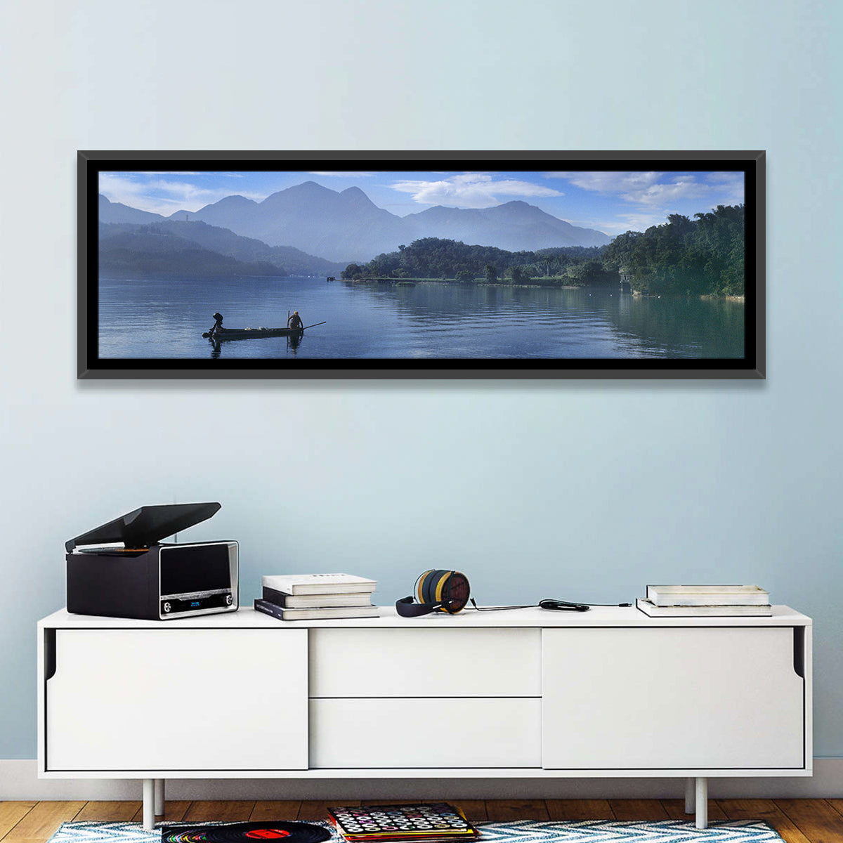 Sun Moon Lake Morning Mist Wall Art in a room, panoramic