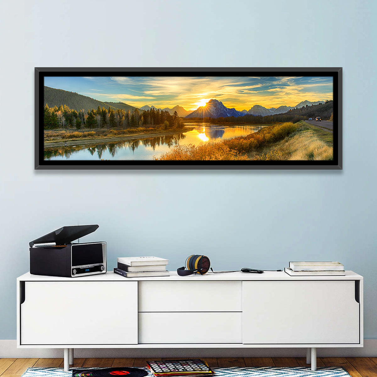 Oxbow Bend Sunrise Wall Art in a room, panoramic