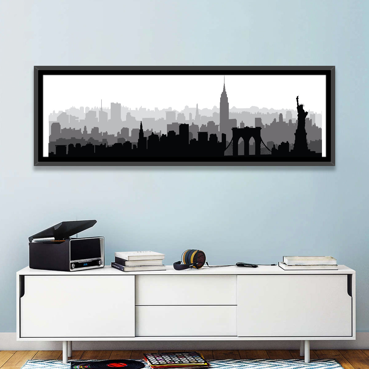 New York Skyline Silhouette Wall Art in a room, panoramic