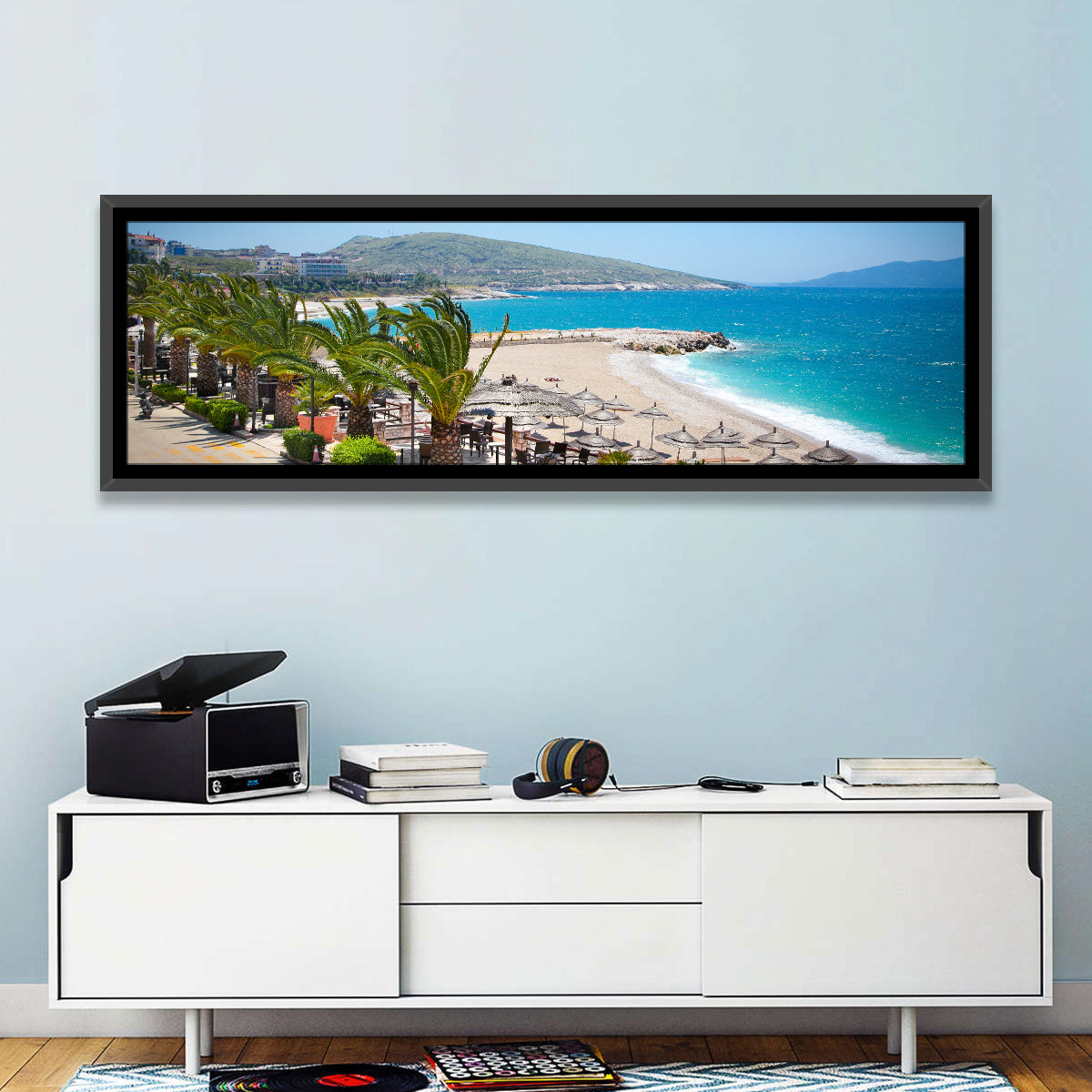 Saranda Seaside View Wall Art in a room, panoramic