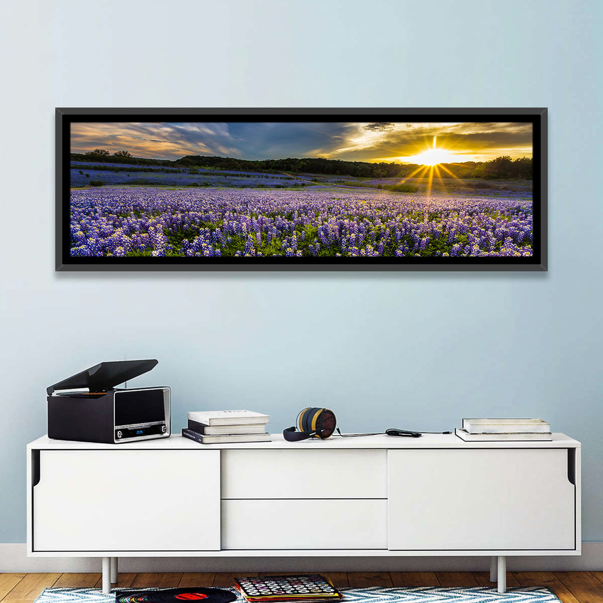 Texas Bluebonnet Field at Sunset Wall Art in a room, panoramic