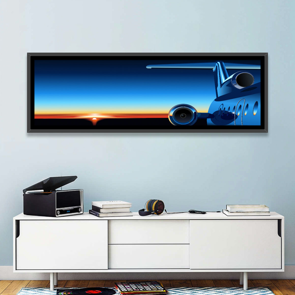 Private Jet Sunrise Wall Art in a room, panoramic