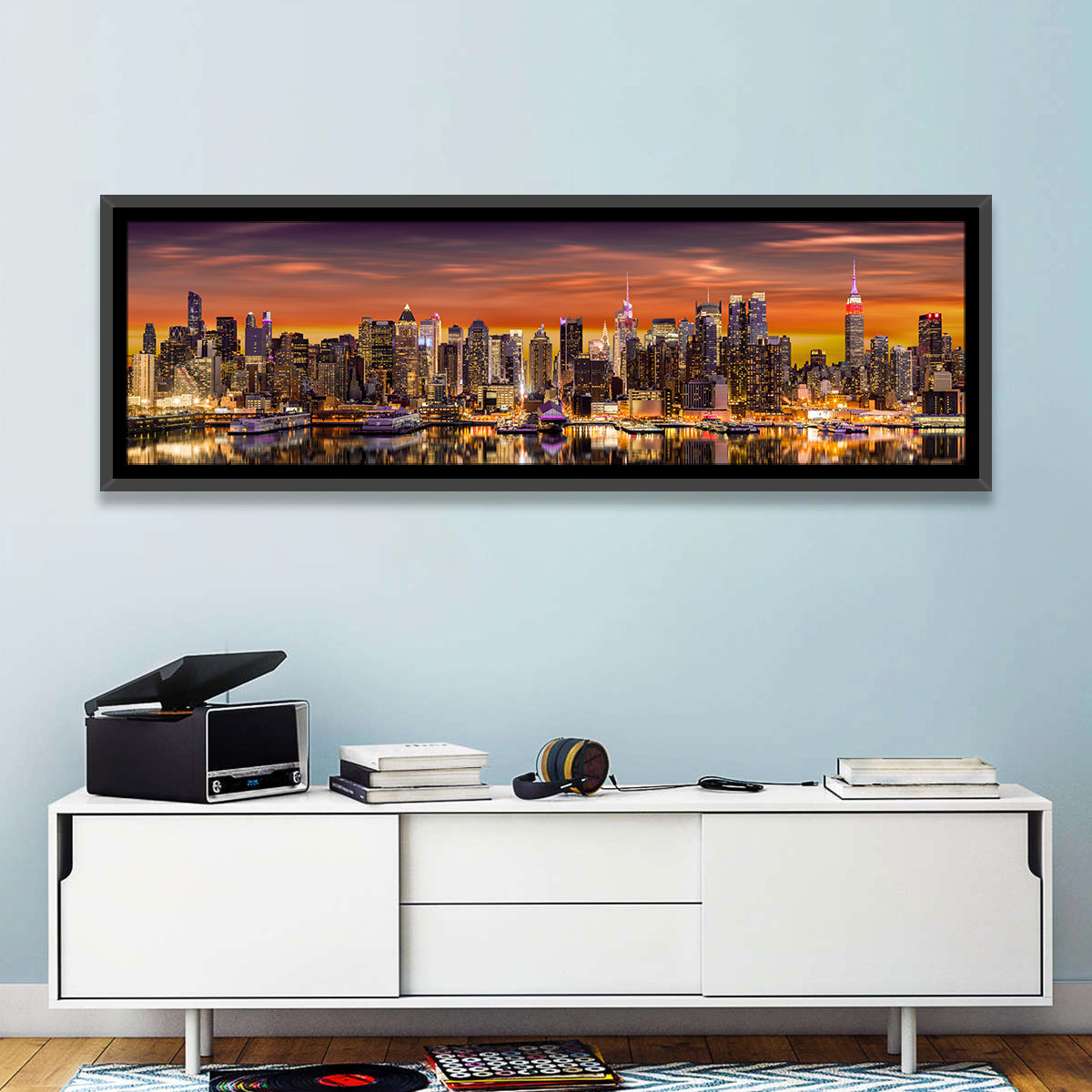 Midtown Manhattan Skyline Wall Art in a room, panoramic
