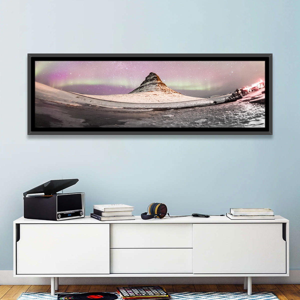 Aurora Over Kirkjufell Wall Art in a room, panoramic