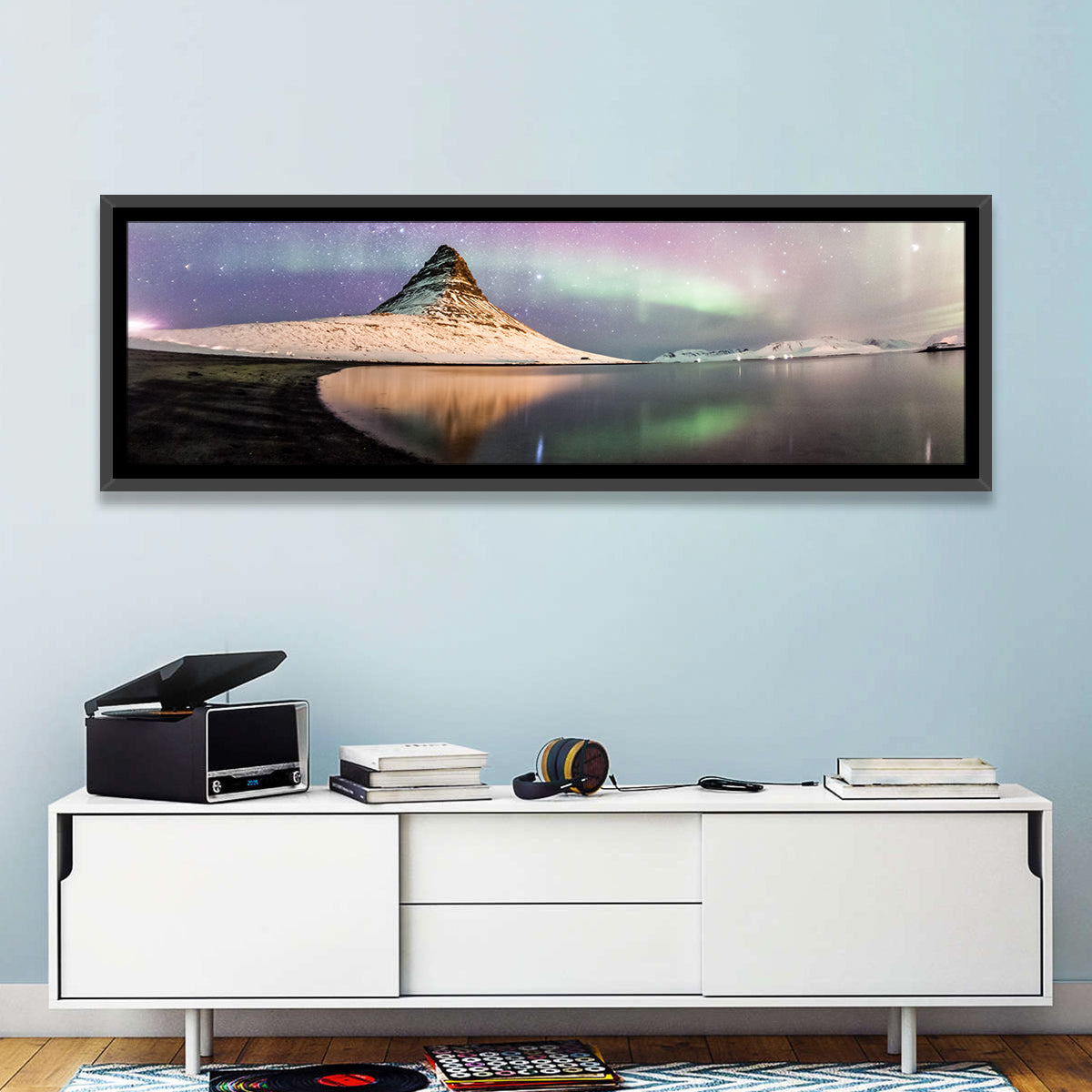 Kirkjufell Under the Milky Way Wall Art in a room, panoramic