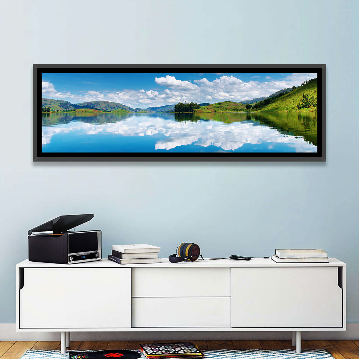 Bunyonyi Lake Reflection Wall Art in a room, panoramic