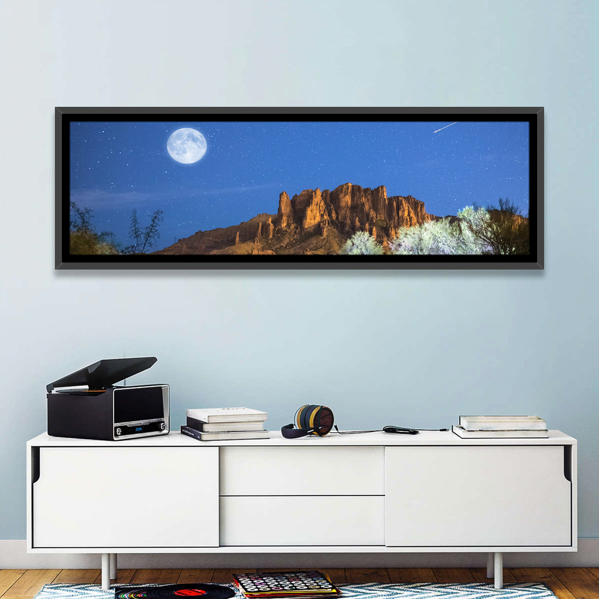 Moonlit Superstition Mountains Arizona Wall Art in a room, panoramic