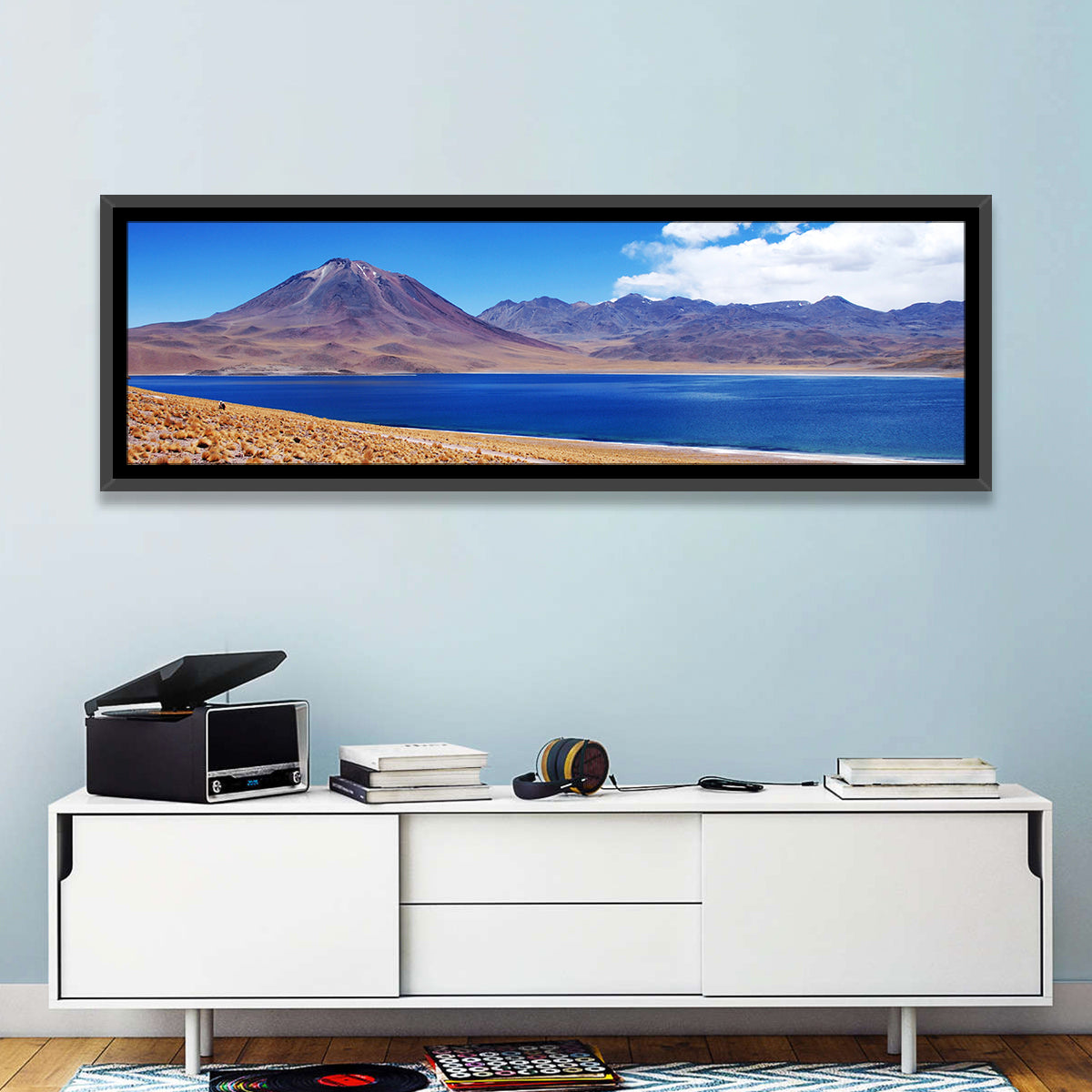 Miscanti Lagoon and Miñiques Volcano Wall Art in a room, panoramic