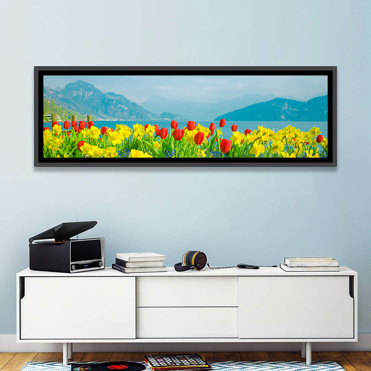 Lake Lucerne Daffodils Wall Art in a room, panoramic