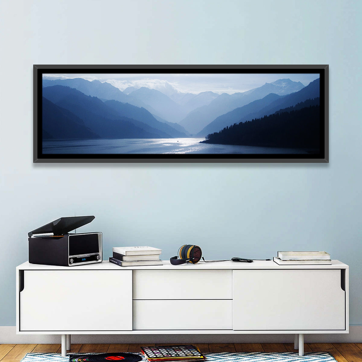 Xinjiang Lakeshore Serenity Wall Art in a room, panoramic