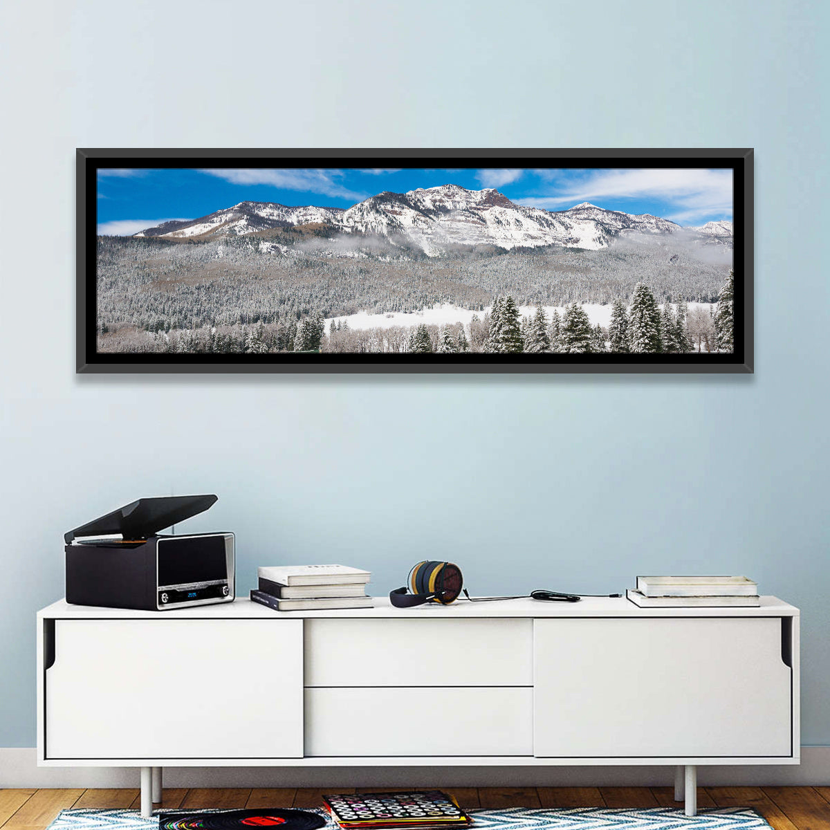 Colorado Snowy Mountain Cabin Wall Art in a room, panoramic
