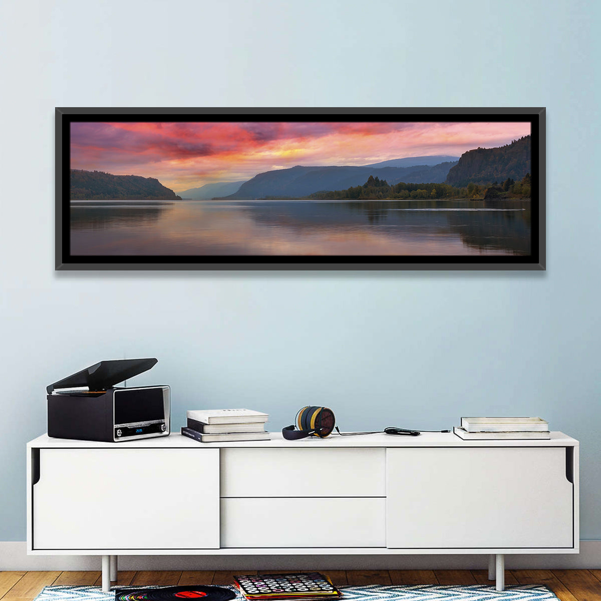 Sunrise Over River Gorge Wall Art in a room, panoramic