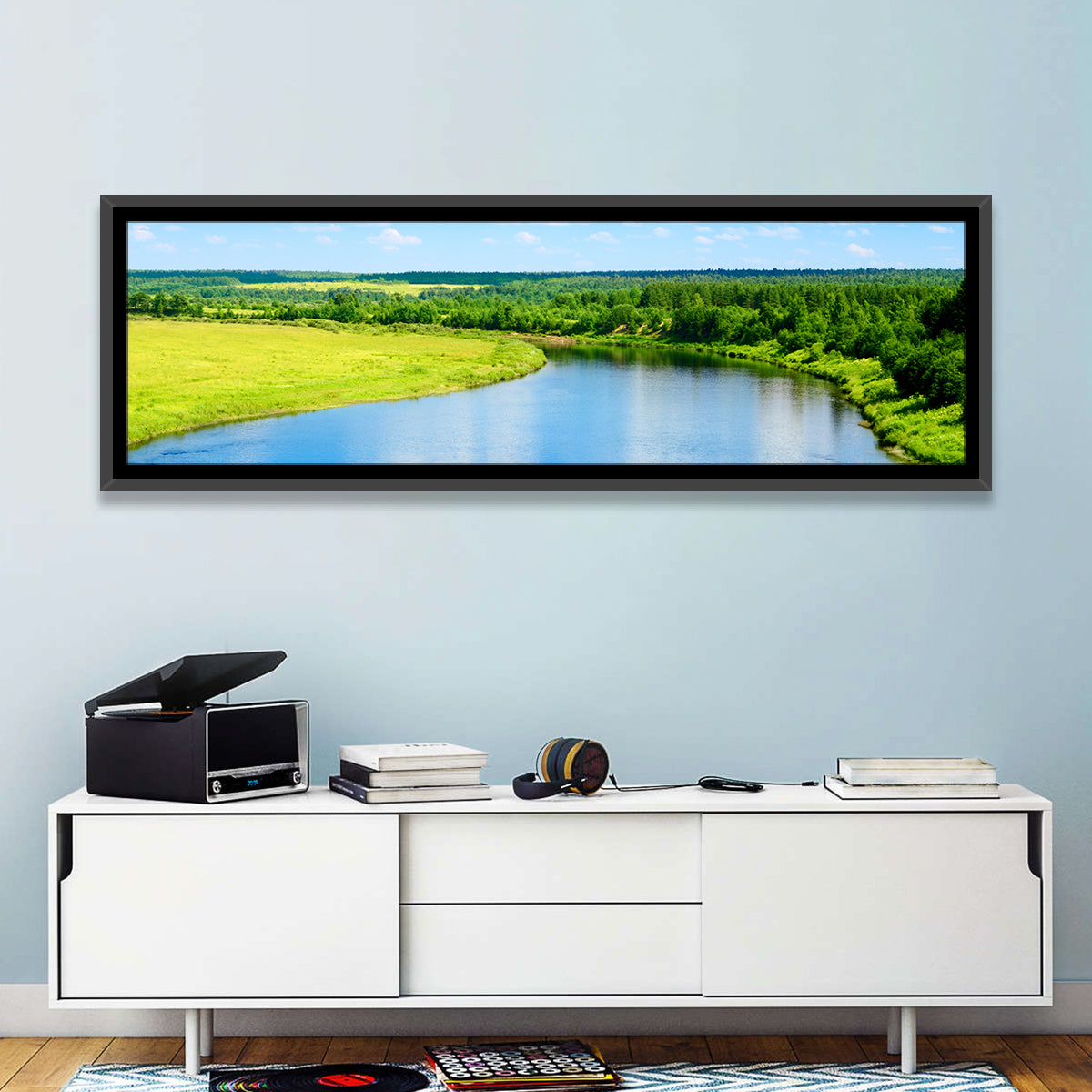Blue River Meadow Wall Art in a room, panoramic
