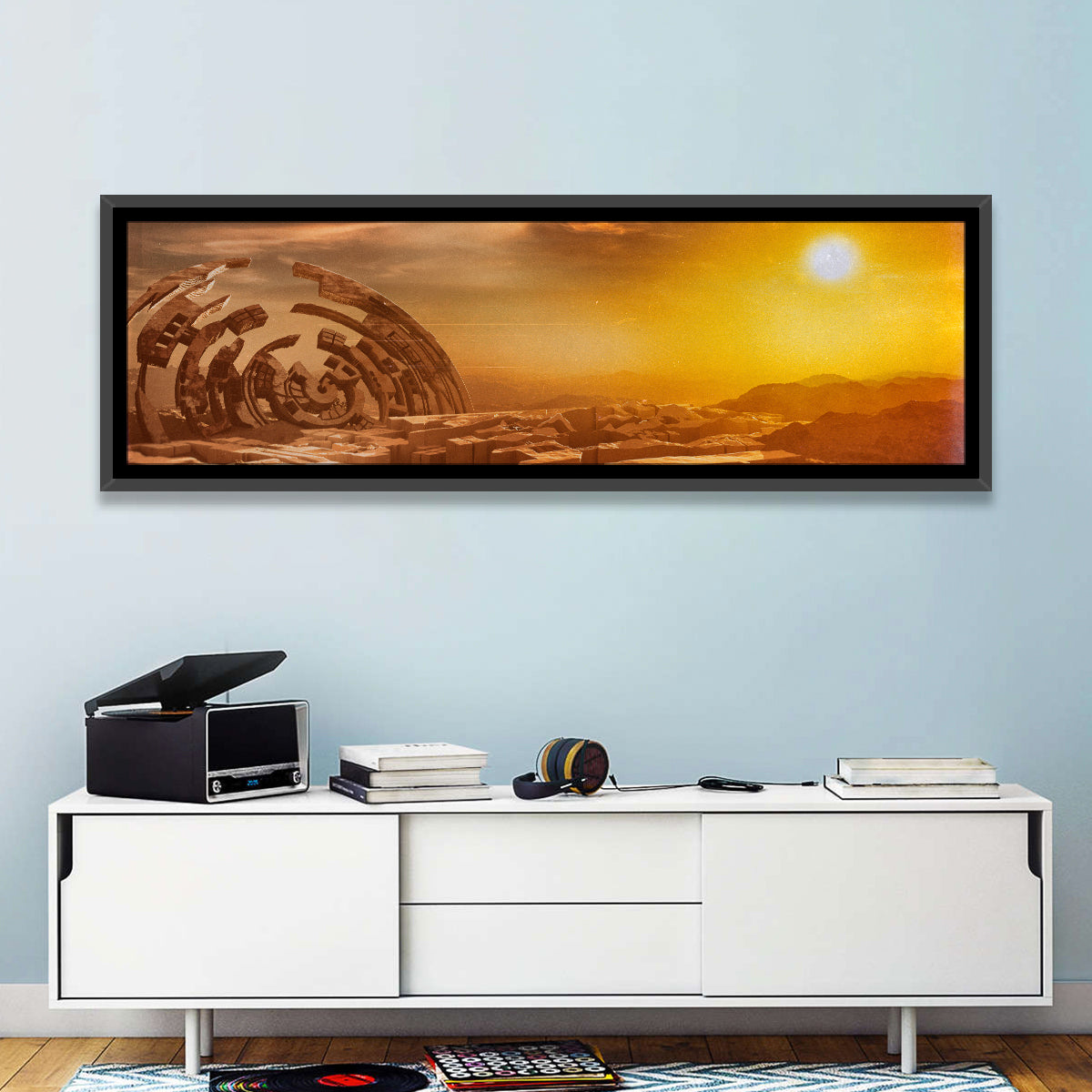 Deserted Alien Planet at Dusk Wall Art in a room, panoramic