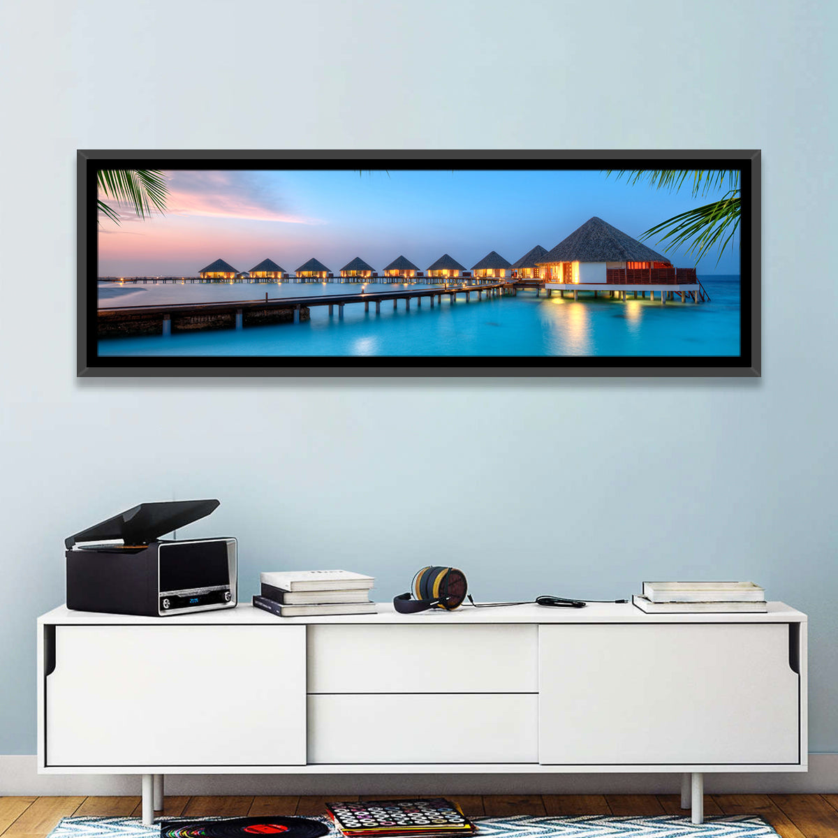 Overwater Bungalows at Twilight Wall Art in a room, panoramic