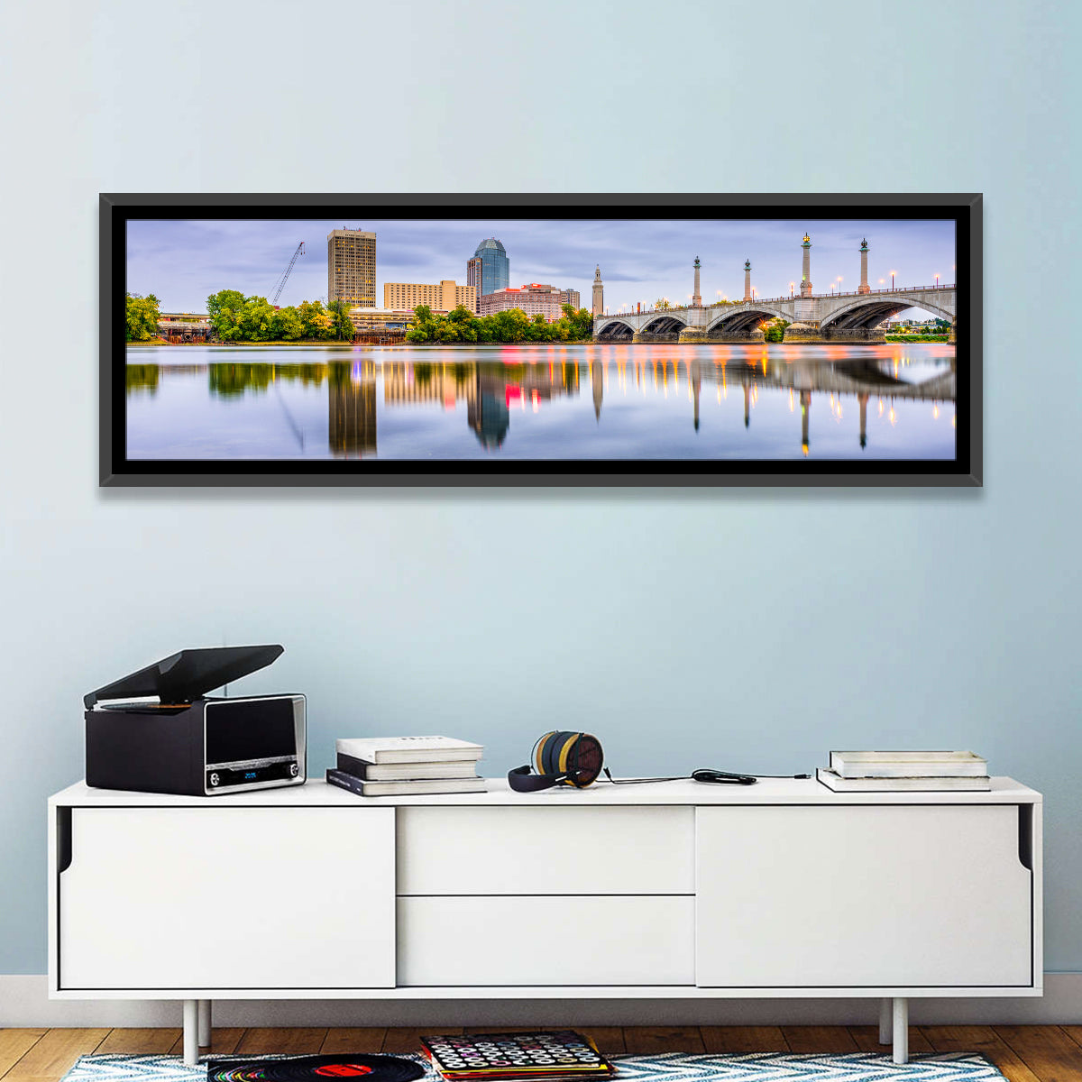 Springfield Memorial Bridge Skyline Wall Art in a room, panoramic