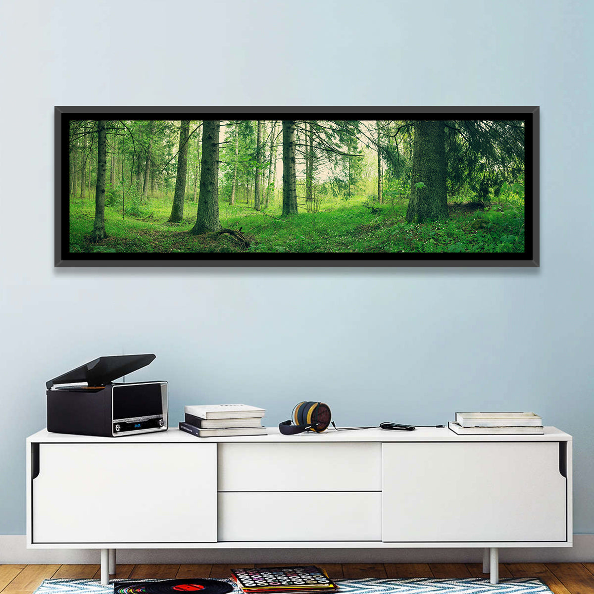 Verdant Forest Interior Wall Art in a room, panoramic