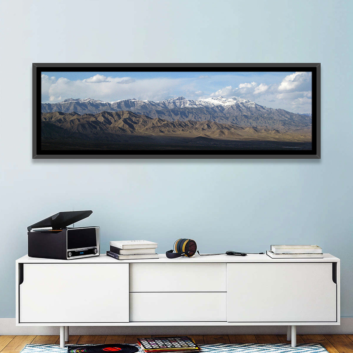 Snow-capped Afghan Mountains Wall Art in a room, panoramic