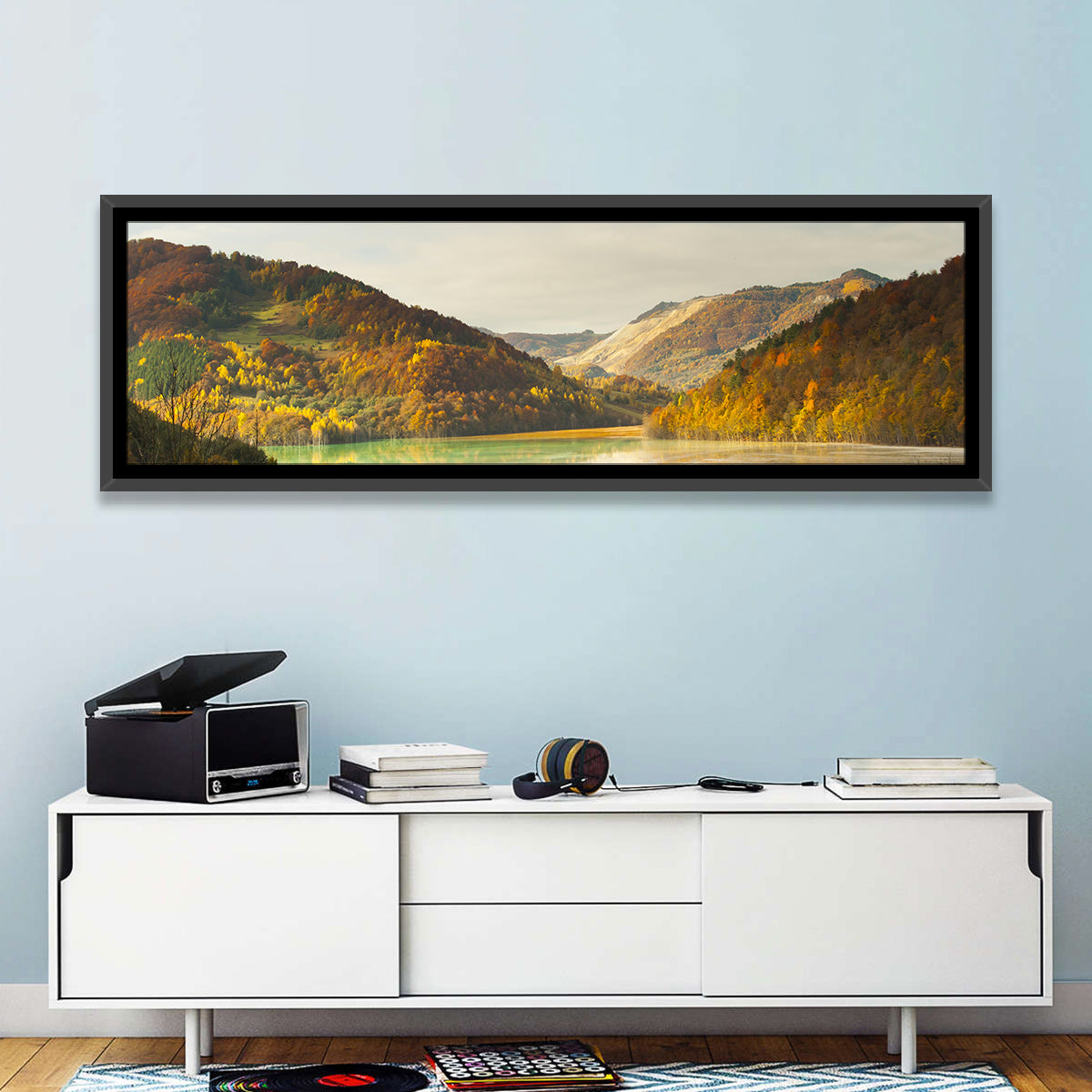 Bright Green Tailings Lake Wall Art in a room, panoramic