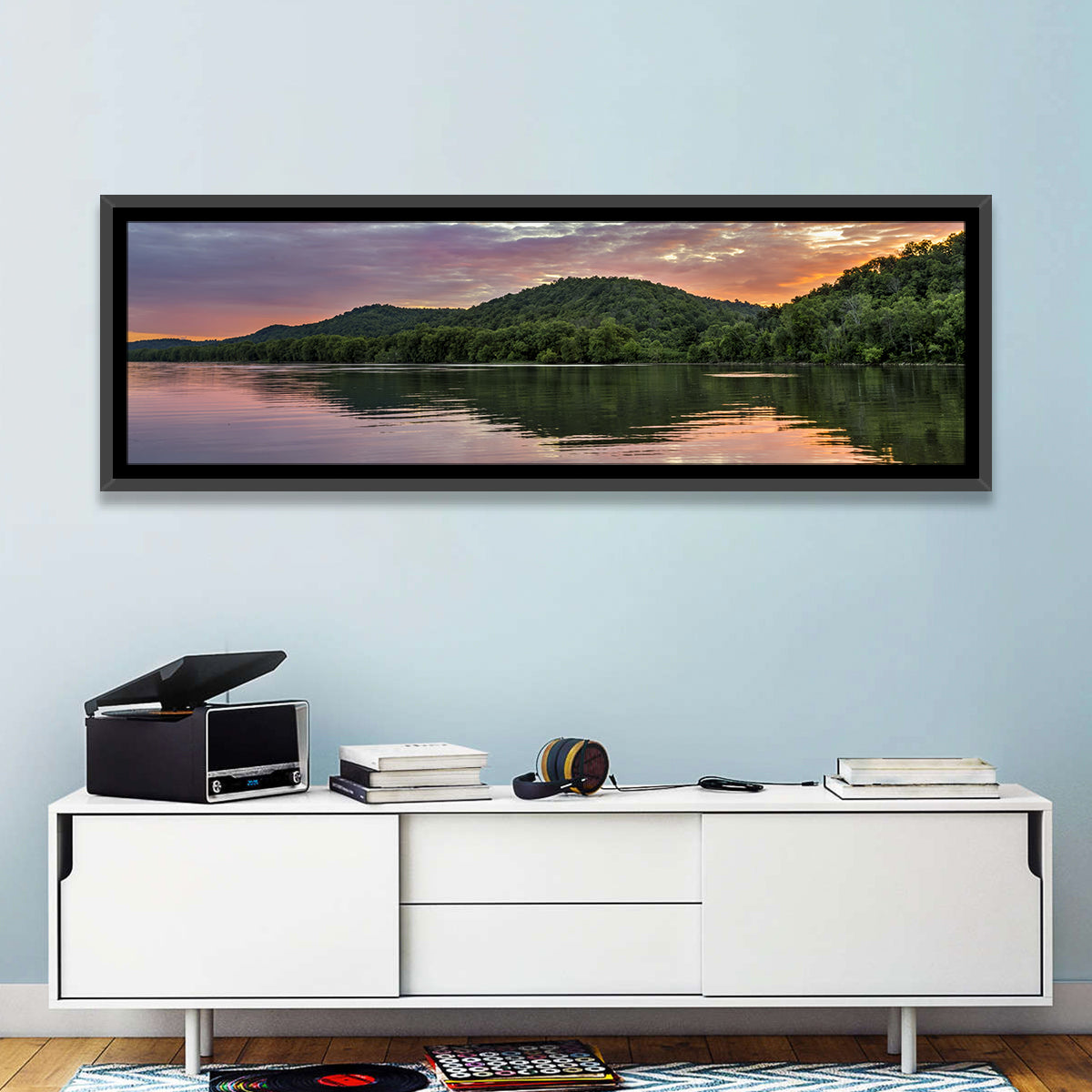 Ohio River Paden City at Dusk Wall Art in a room, panoramic