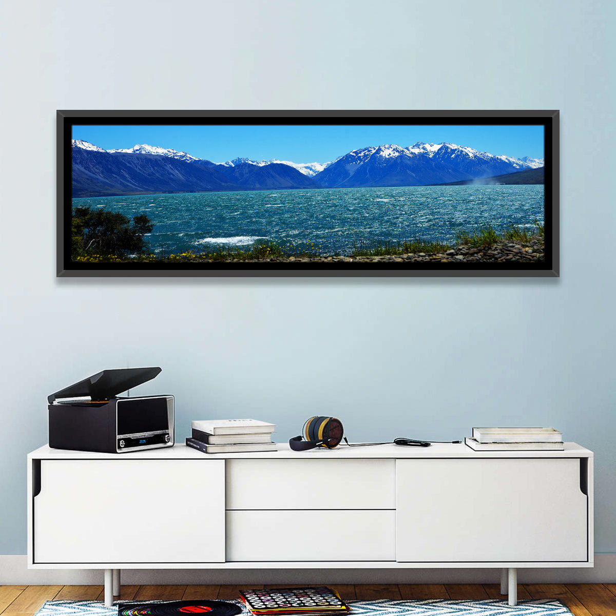Lake Ohau Snow Peaks Wall Art in a room, panoramic