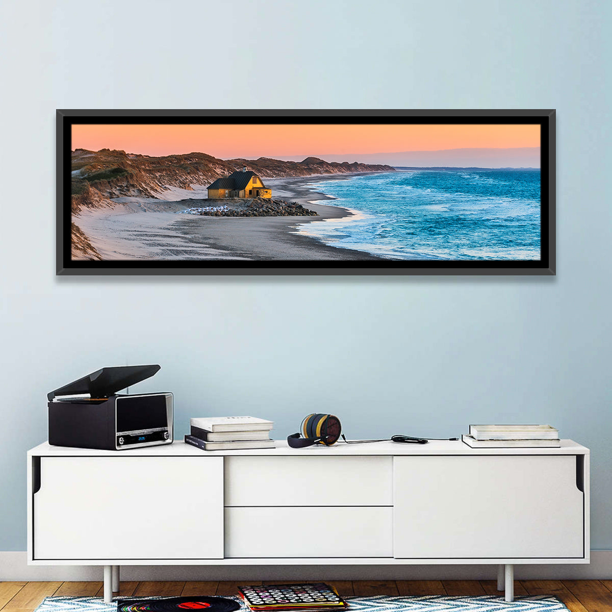 Gammel Skagen Beach House Wall Art in a room, panoramic
