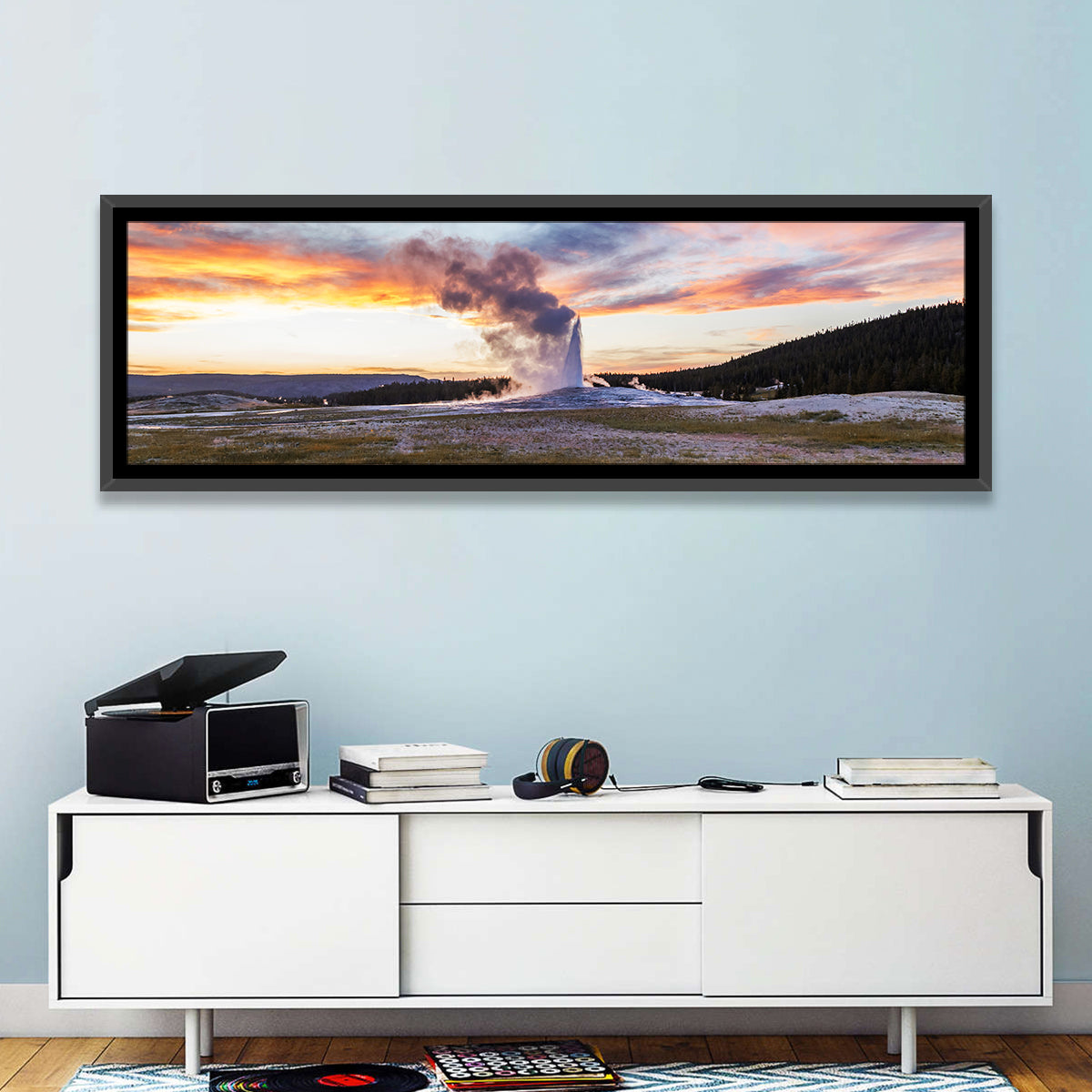Old Faithful Erupting at Sunset Wall Art in a room, panoramic