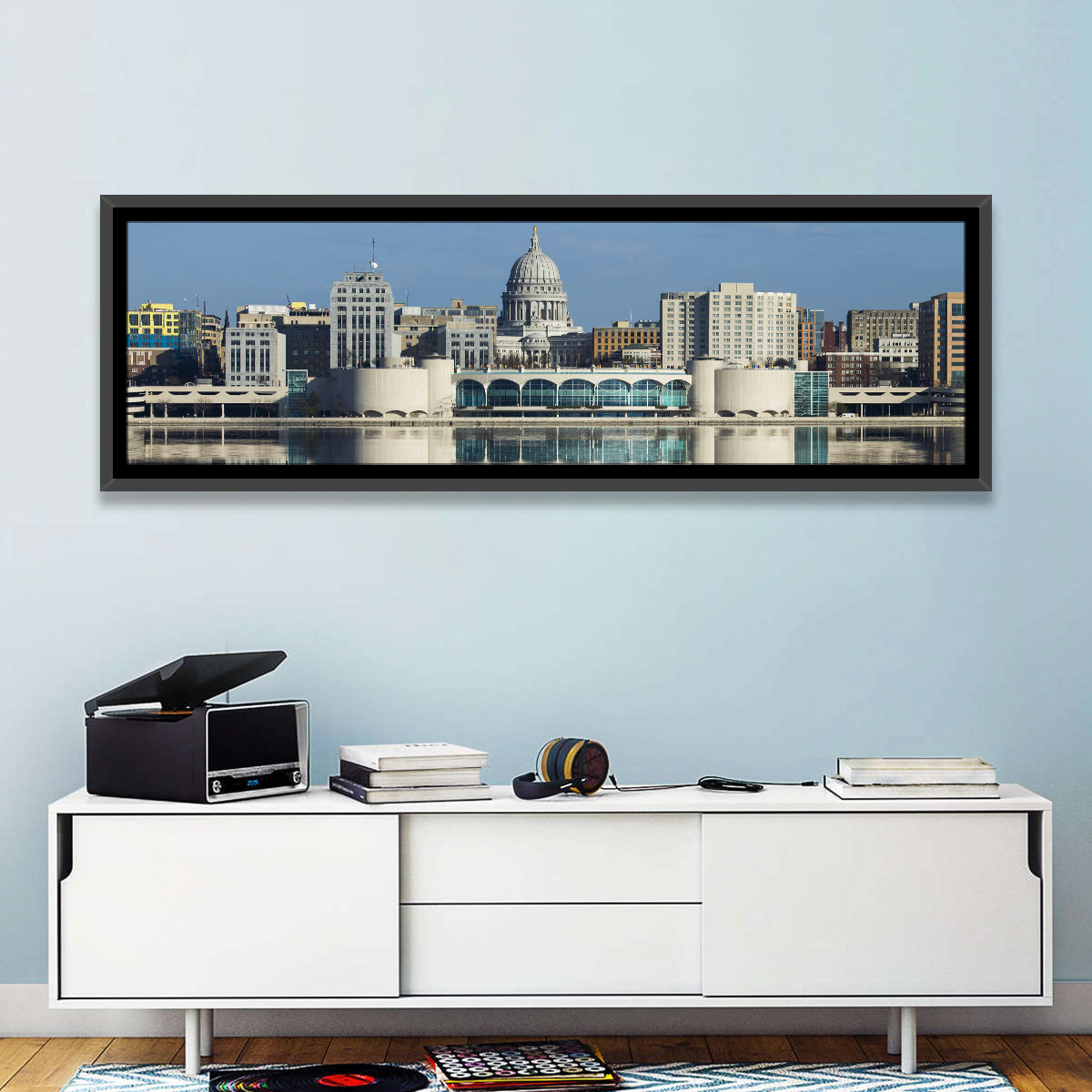 Madison Lake Monona Skyline Wall Art in a room, panoramic
