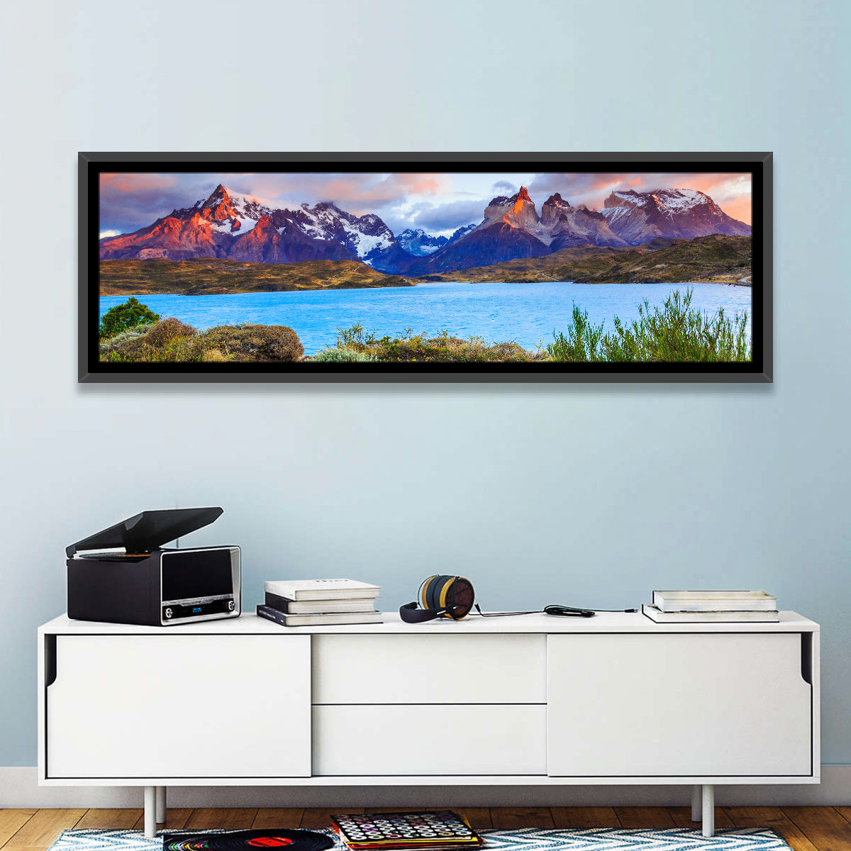 Lake Pehoe at Dawn Wall Art in a room, panoramic