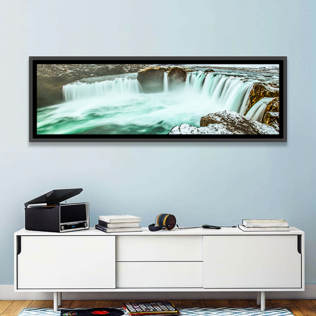 Goðafoss Winter Waterfall Wall Art in a room, panoramic