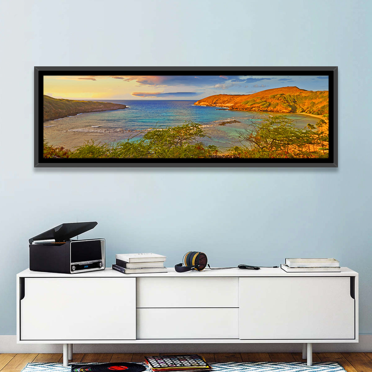 Hanauma Bay Golden Hour Wall Art in a room, panoramic
