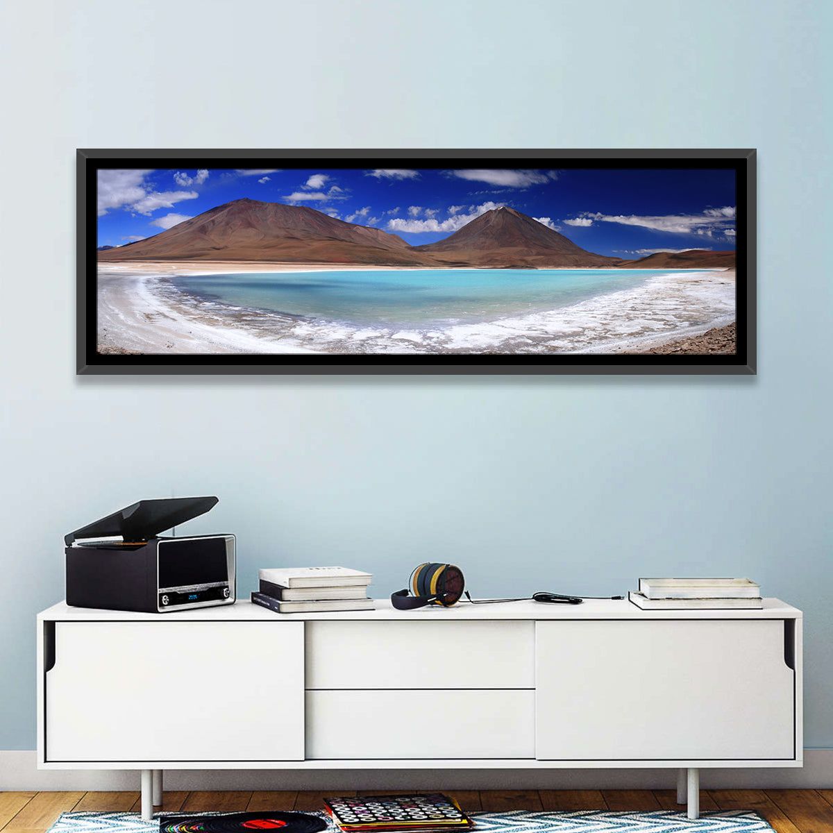 Laguna Verde Turquoise Lake and Licancabur Wall Art in a room, panoramic
