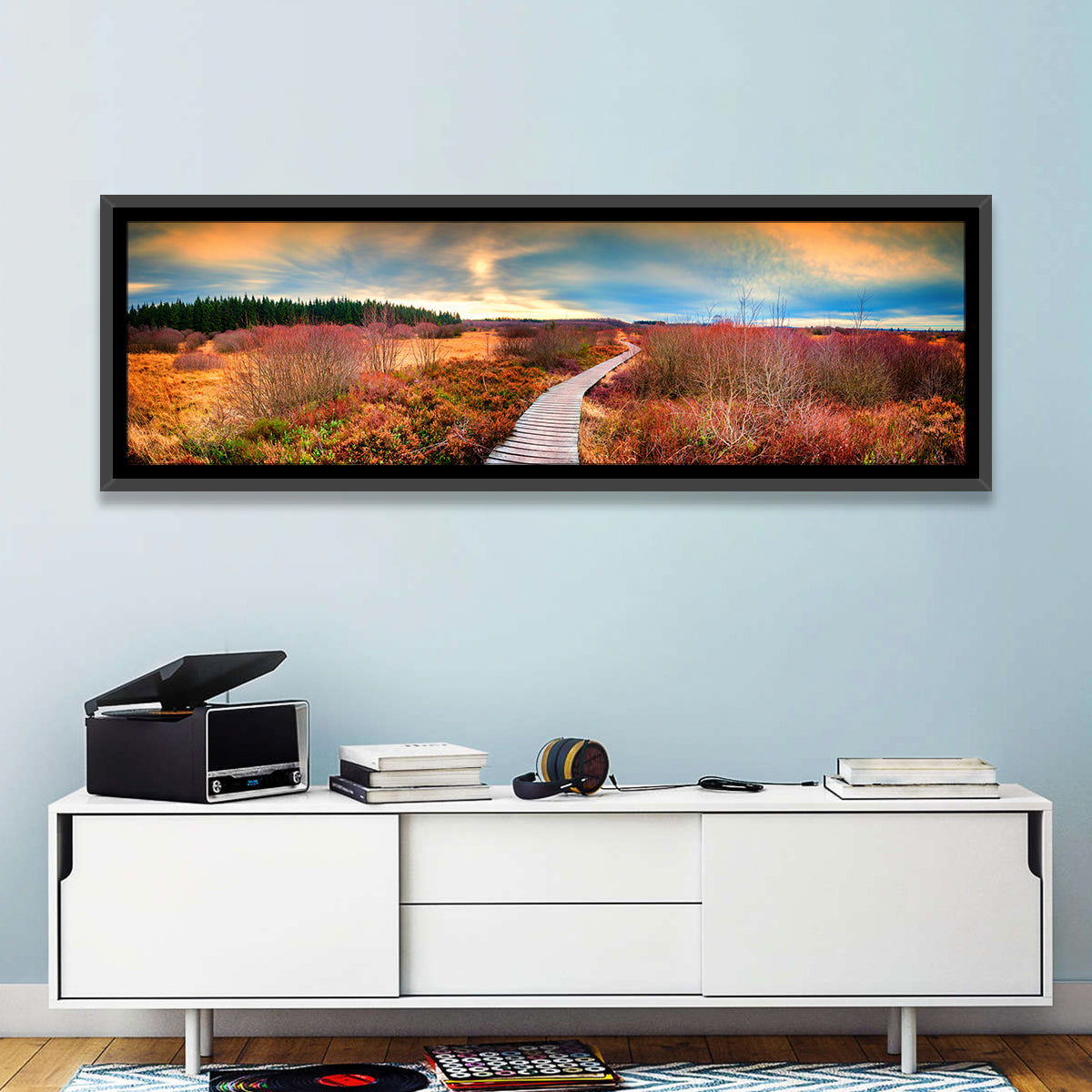 Autumn Heathland Boardwalk Wall Art in a room, panoramic